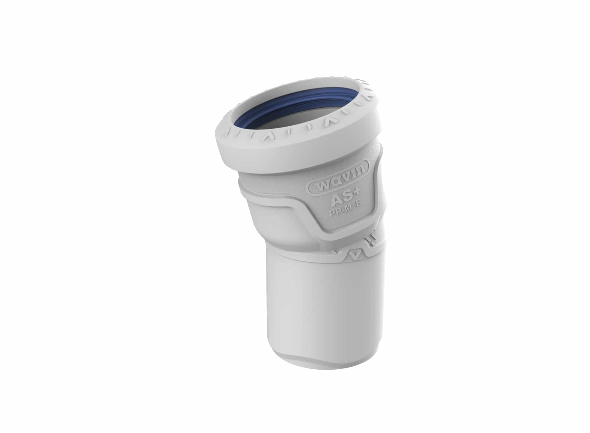 Close-up of a white plastic pipe fitting with a blue gasket inside, viewed from above.