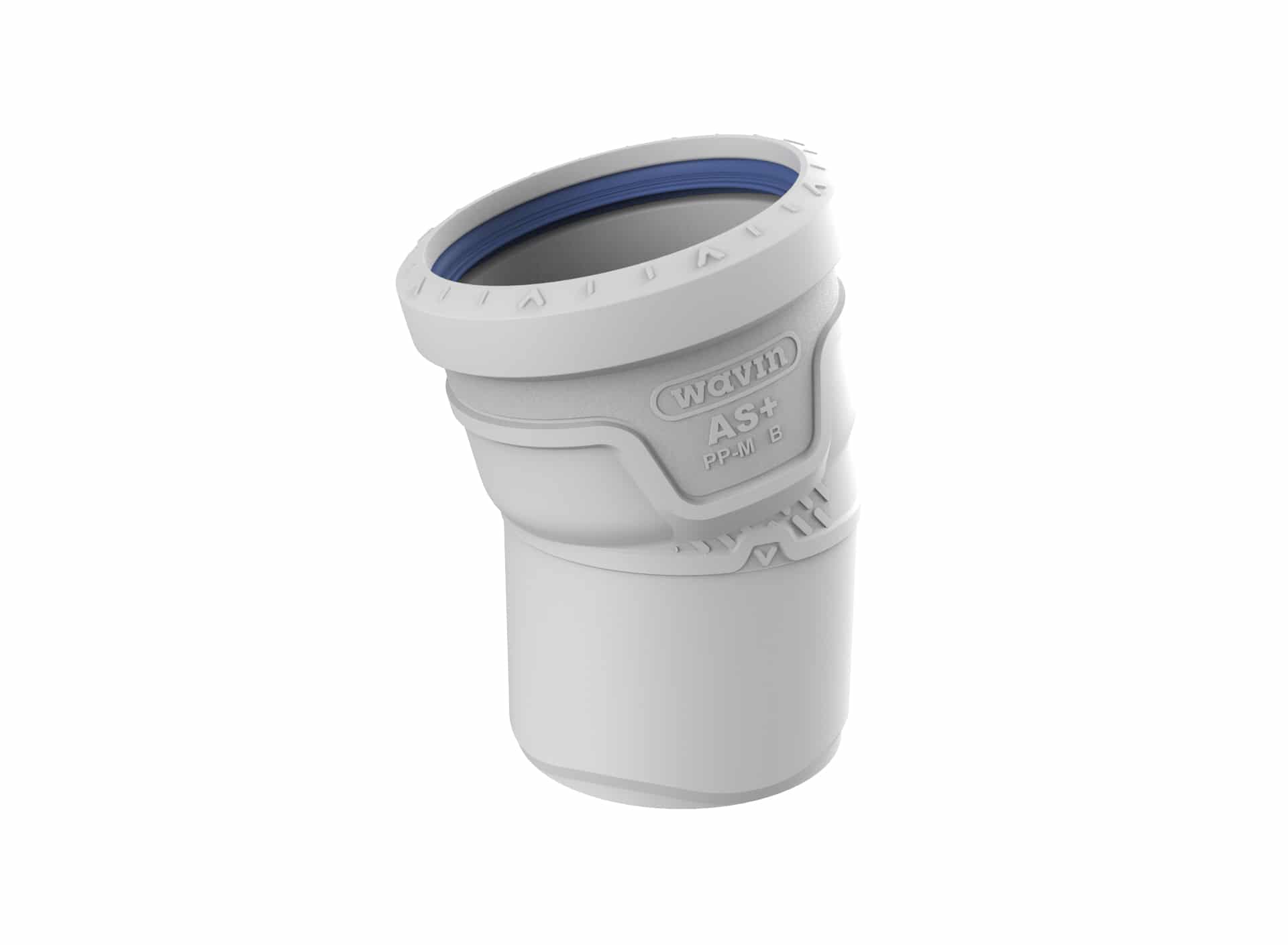 Close-up of a white screw-on cap with a blue gasket on top of a white pipe fitting, showing Wavin branding on the side.