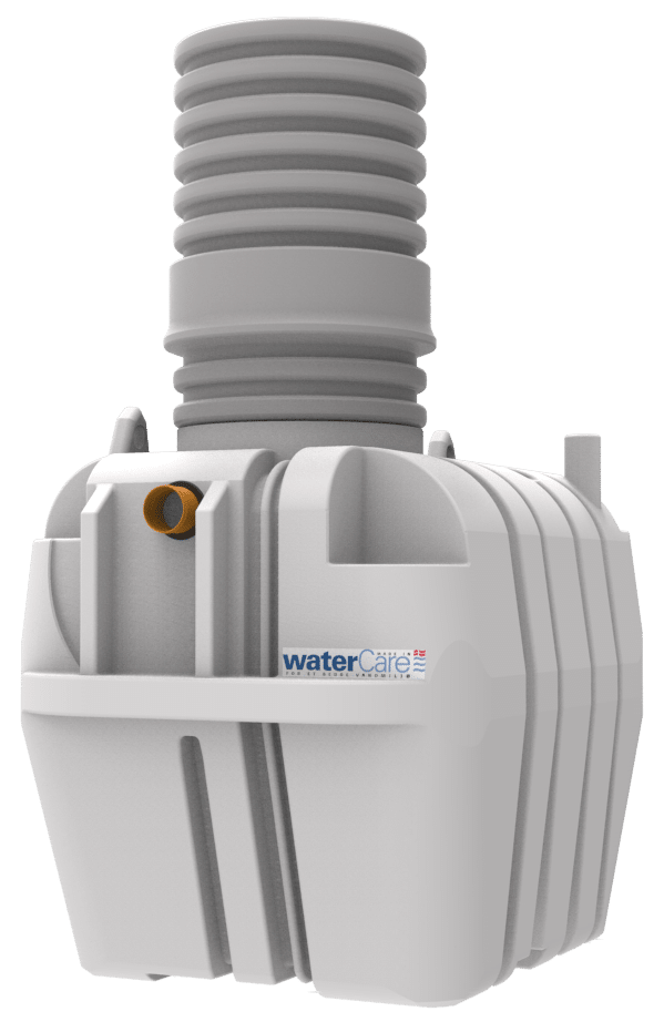 White compact water pump with a tall gray ribbed discharge hose and WaterCare branding; used for circulating water in a system.
