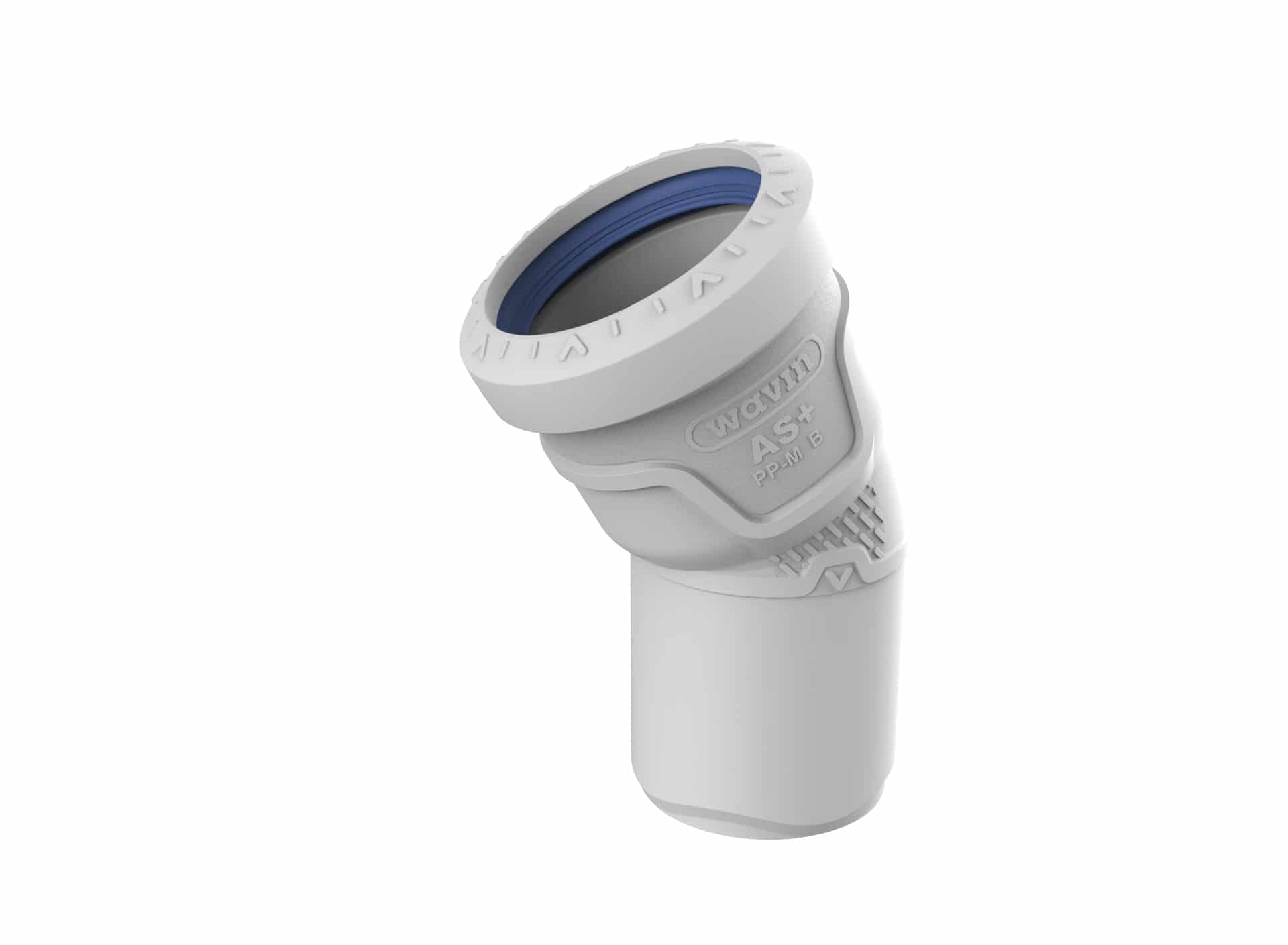 Close-up of a white plastic bottle cap with a blue inner ring, tilted to show the textured grip and threading area.