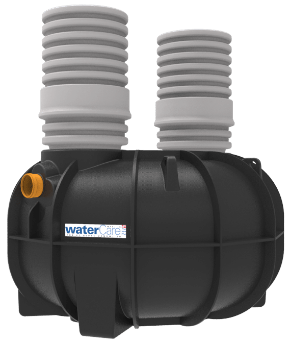 Black water storage tank with two tall gray ribbed outlets/pipes and an orange inlet valve on the side