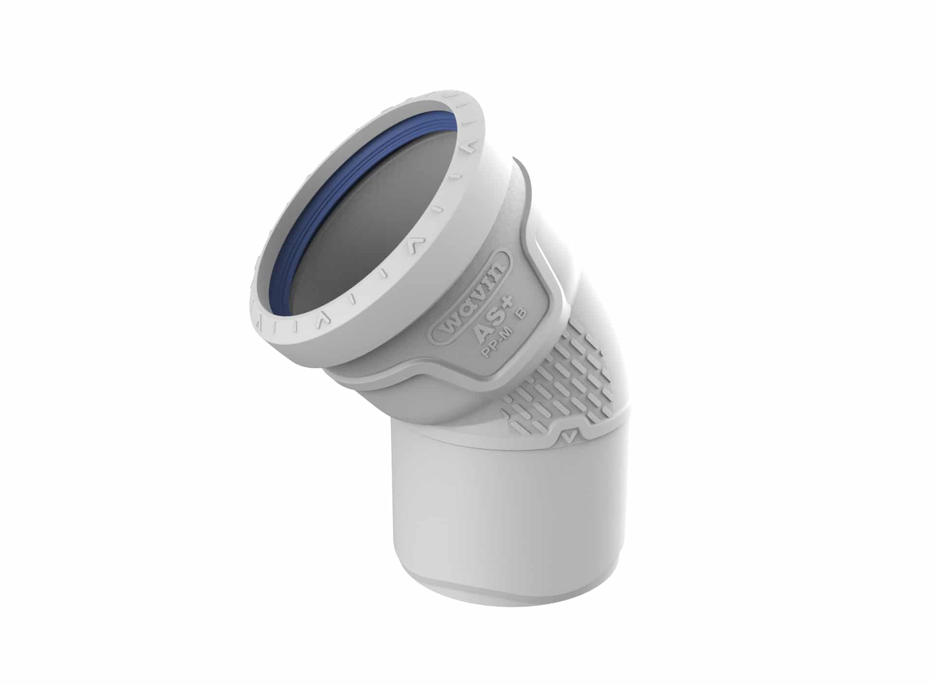 Close-up of a white plastic device with a circular cap and blue gasket, angled against a white background.