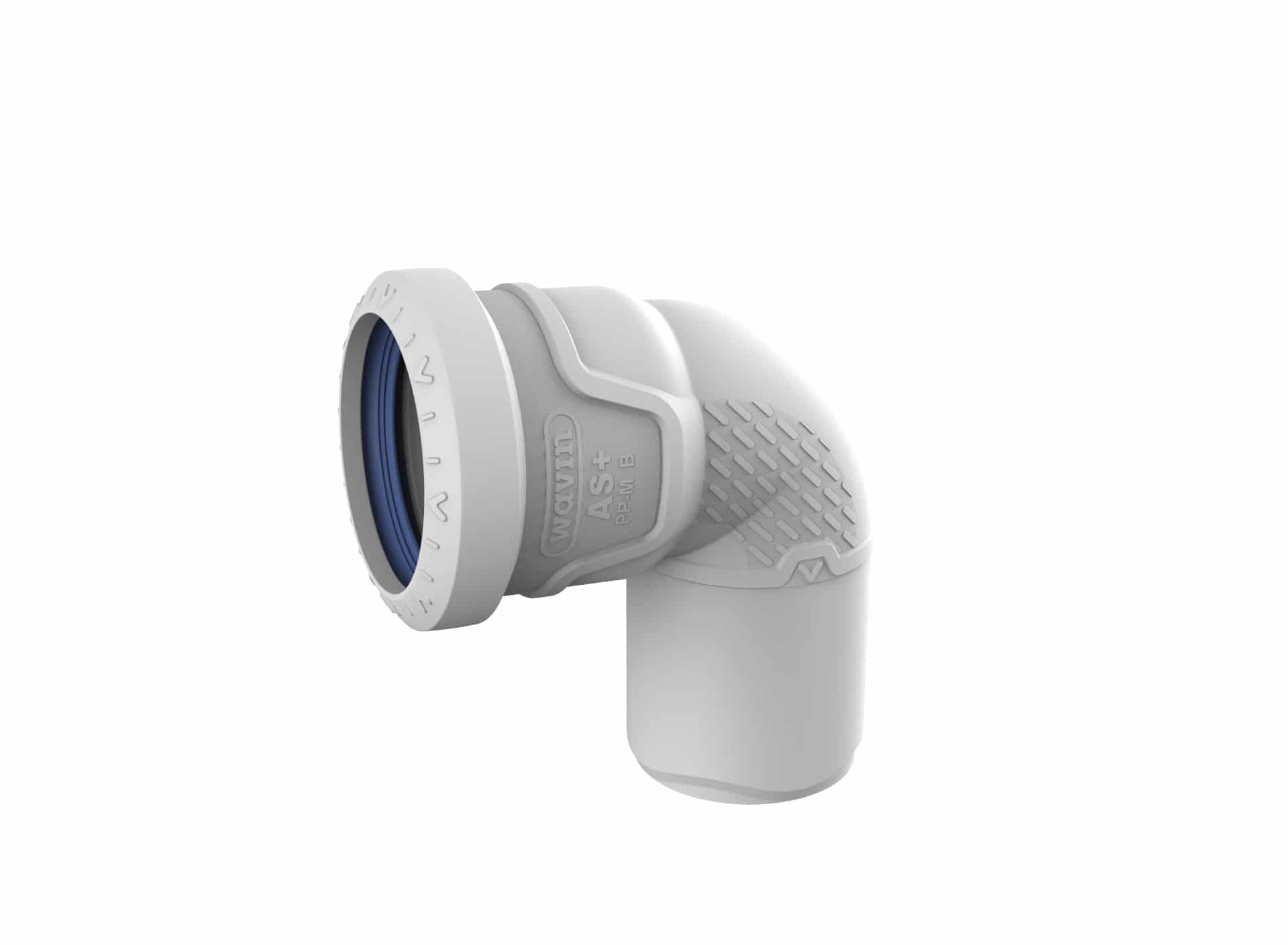 Close-up of a white ergonomic tool handle with a textured grip and blue ring visible behind it.