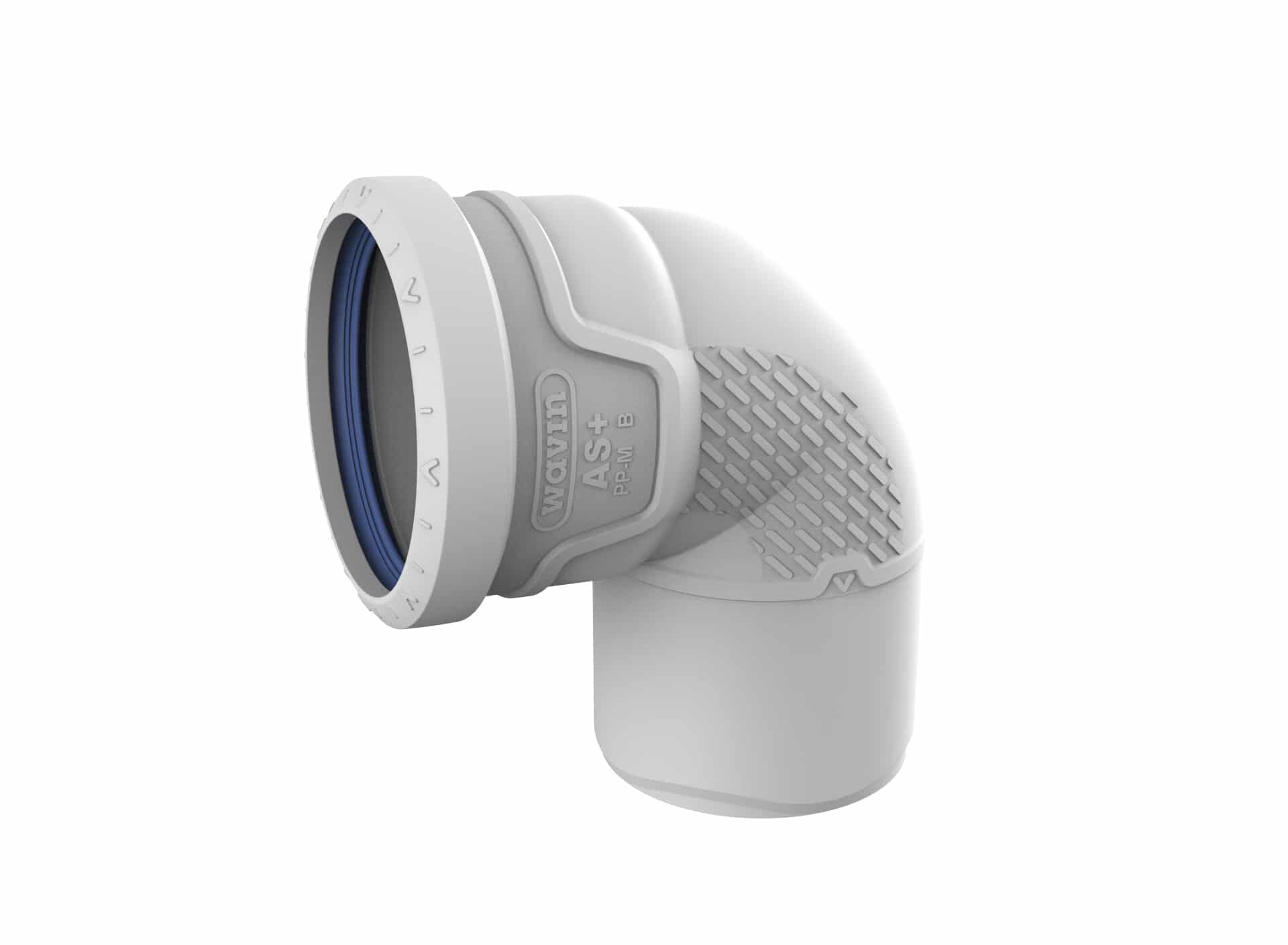 Close-up of a white plastic connector with a blue gasket, showing a textured grip and branding on the side, likely a hose or fitting component.
