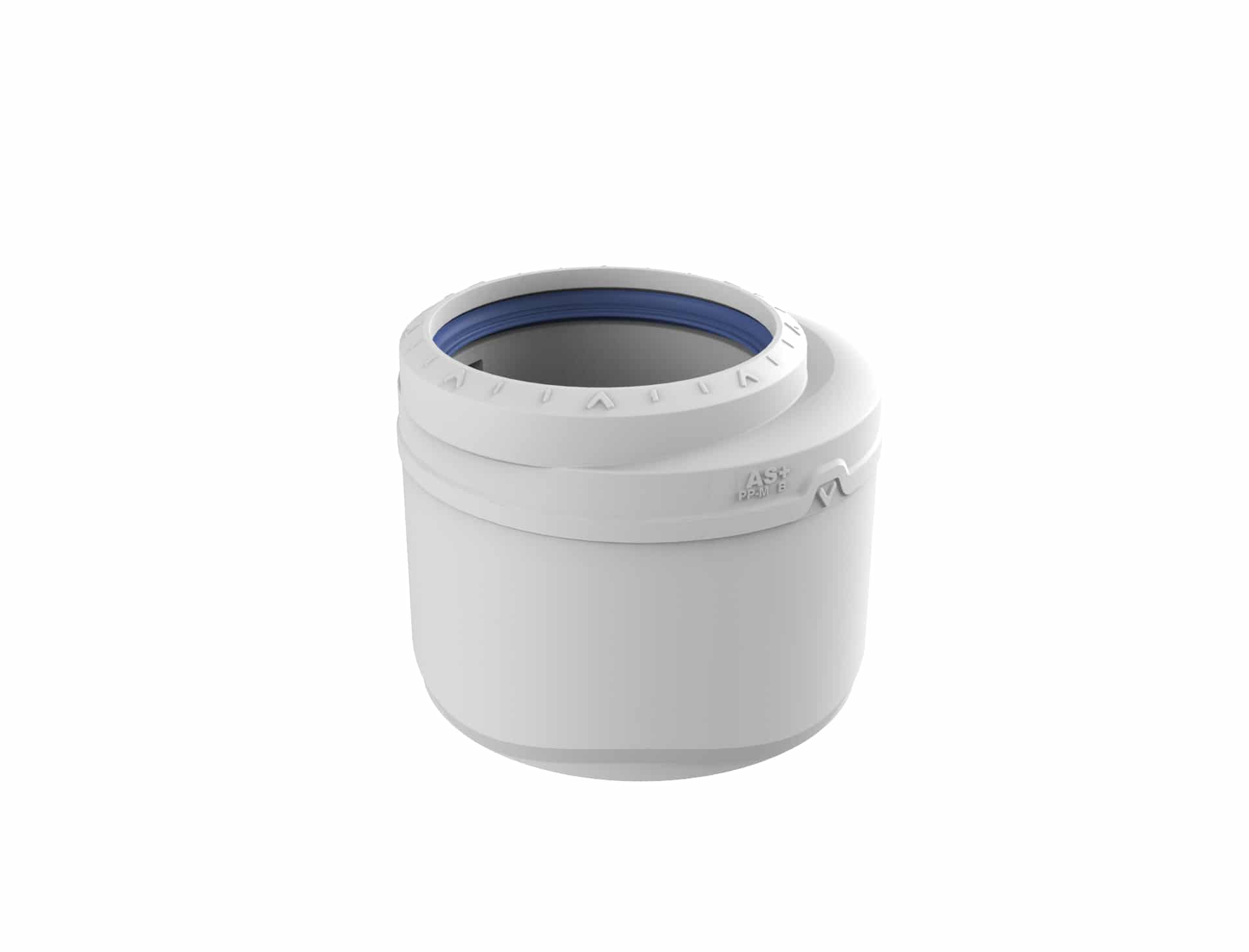 Top view of a white screw-on container lid with a blue inner ring, showing the threading inside.