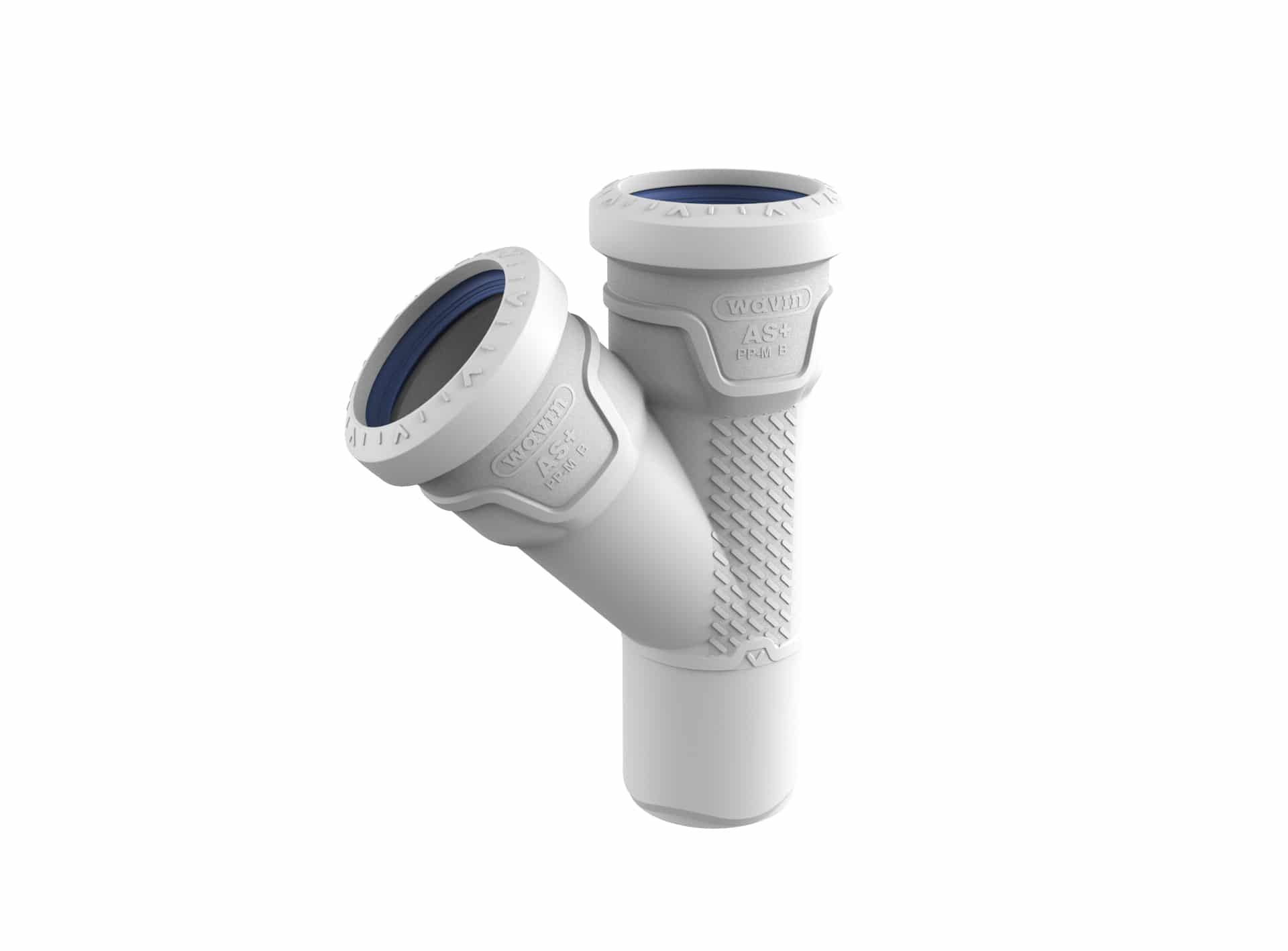 Close-up of white plastic pipe fittings with blue interior gaskets, showing two connected quick-release valve ends for tubing or piping system.