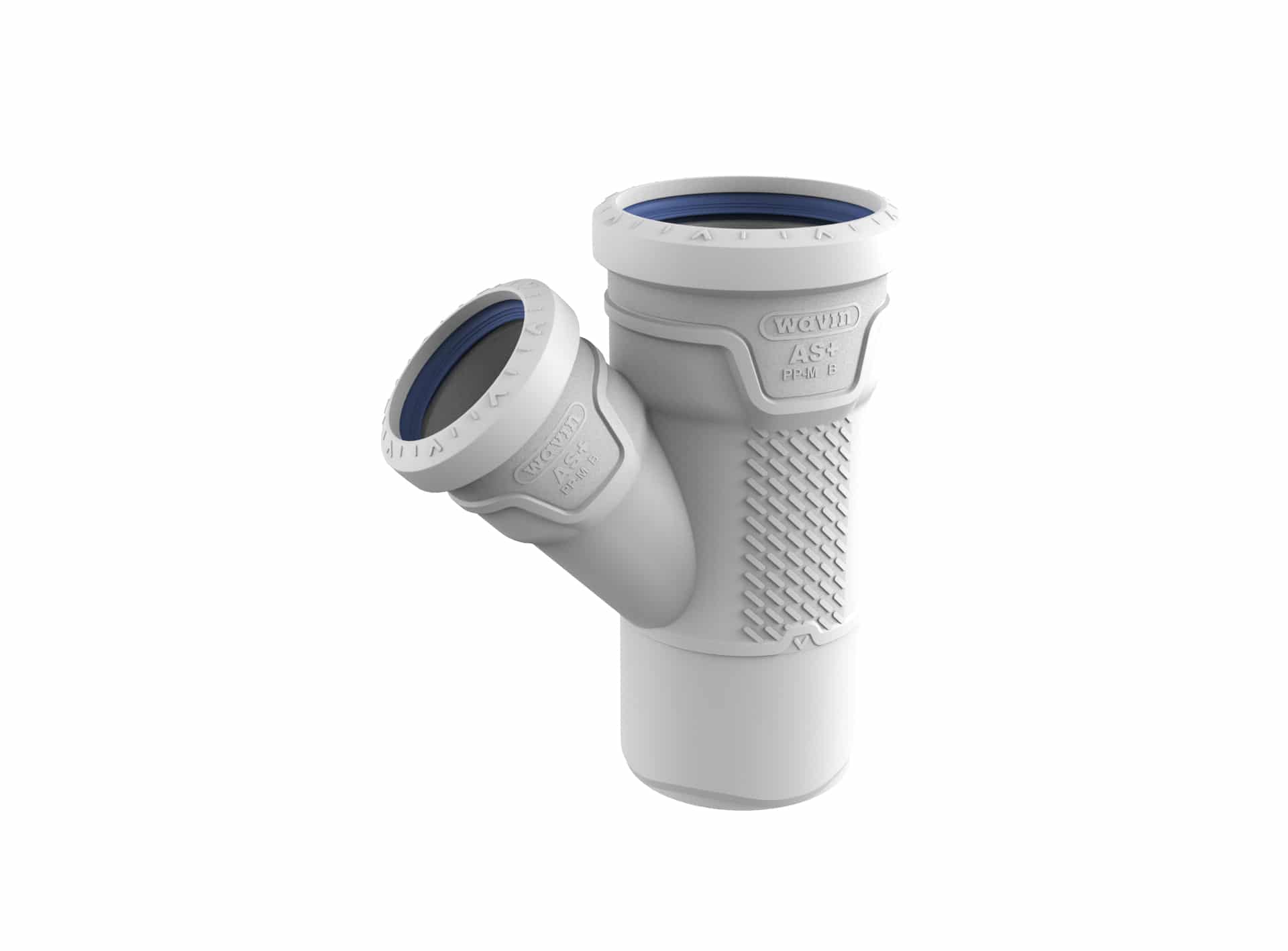 Close-up of a white plumbing fitting with blue gasket rings and textured grip on a gray pipe surface.
