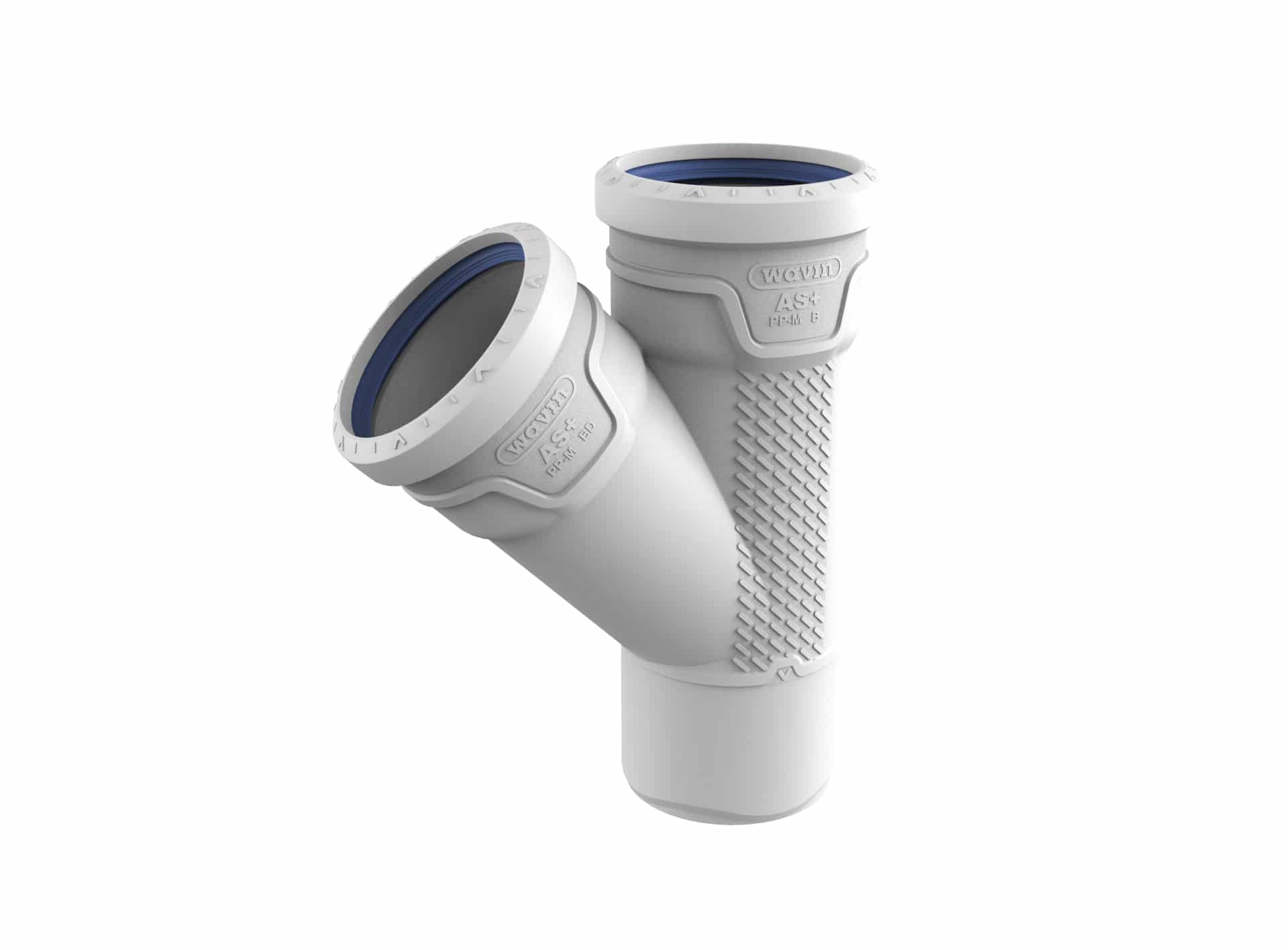 Close-up of two white plumbing pipe fittings with blue gaskets on a textured white pipe surface.
