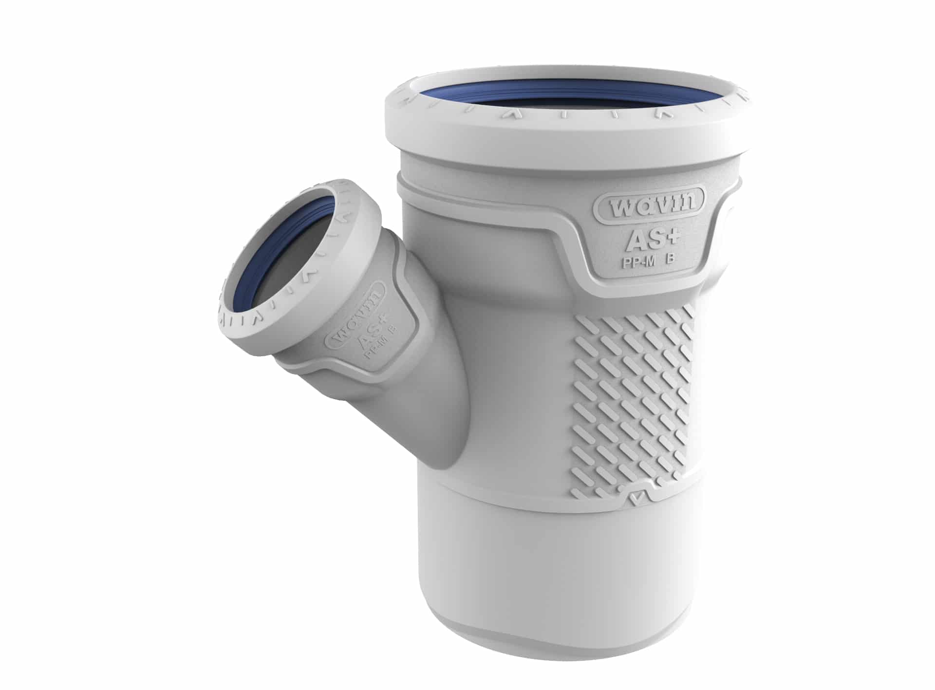 3D render of a white Wavin AS+ pipe fitting with a side outlet and blue O-rings (plumbing connector).