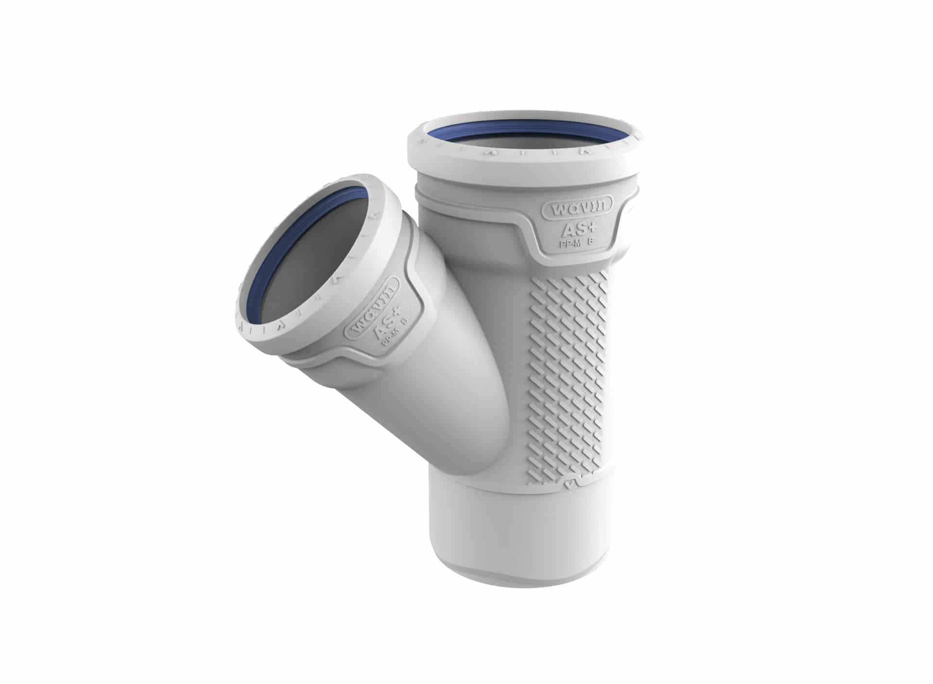 Close-up of white PVC elbow pipe fittings with blue gasket rings and a textured grip surface.