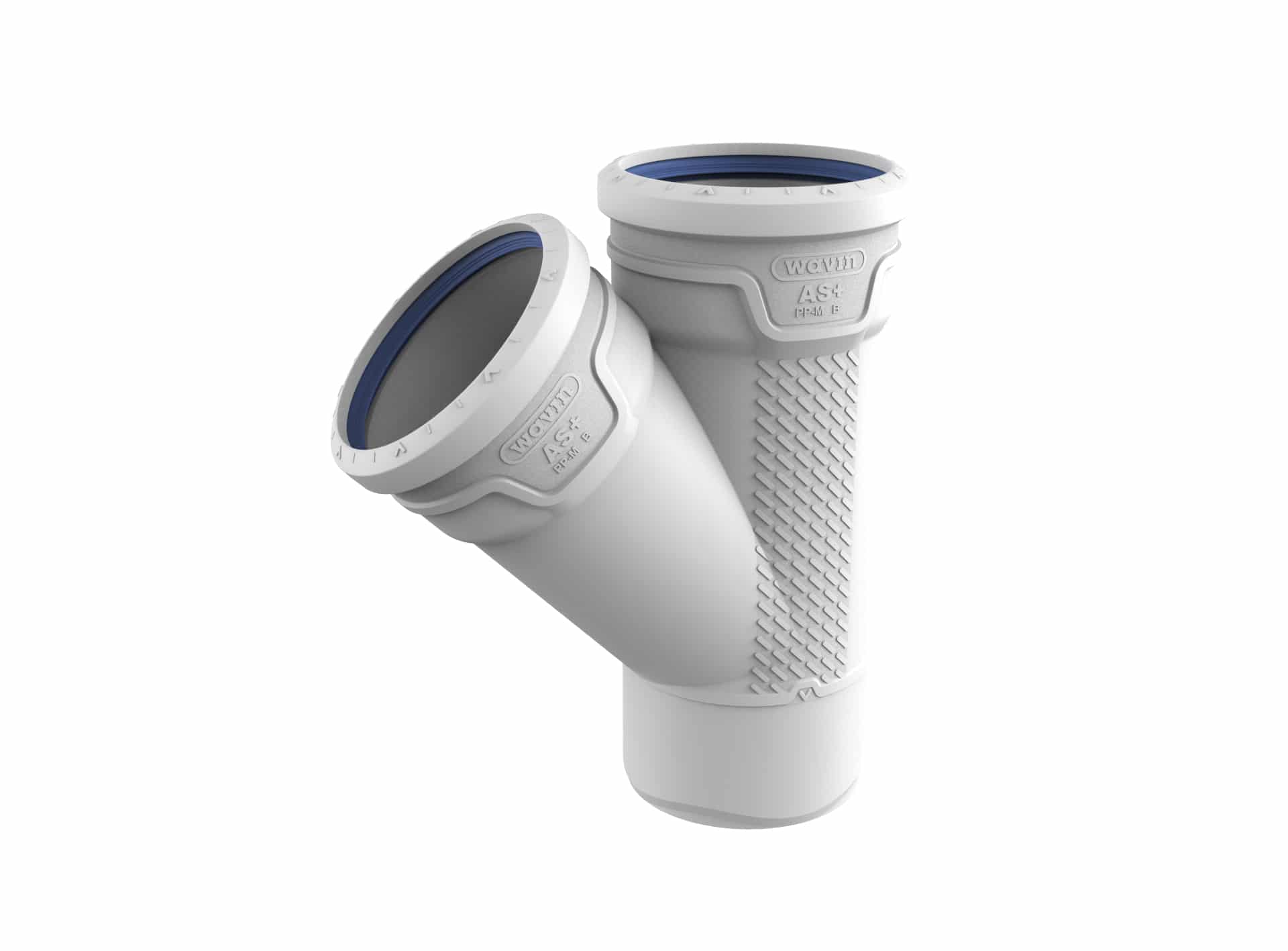 Close-up of a white plastic pipe fitting with a blue gasket and textured grip, mounted on a white pipe.