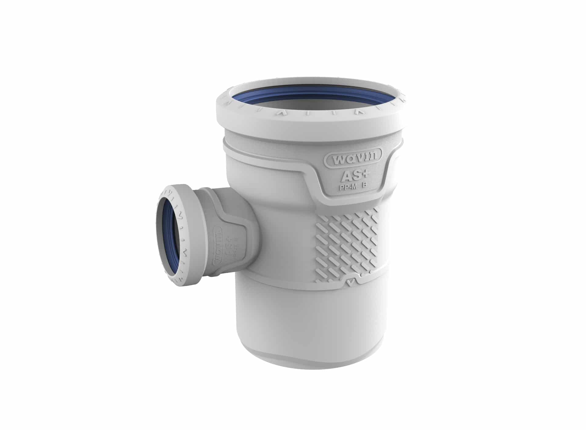 Close-up of a white plastic pipe fitting with a blue inner ring and textured grip, viewed from the side.