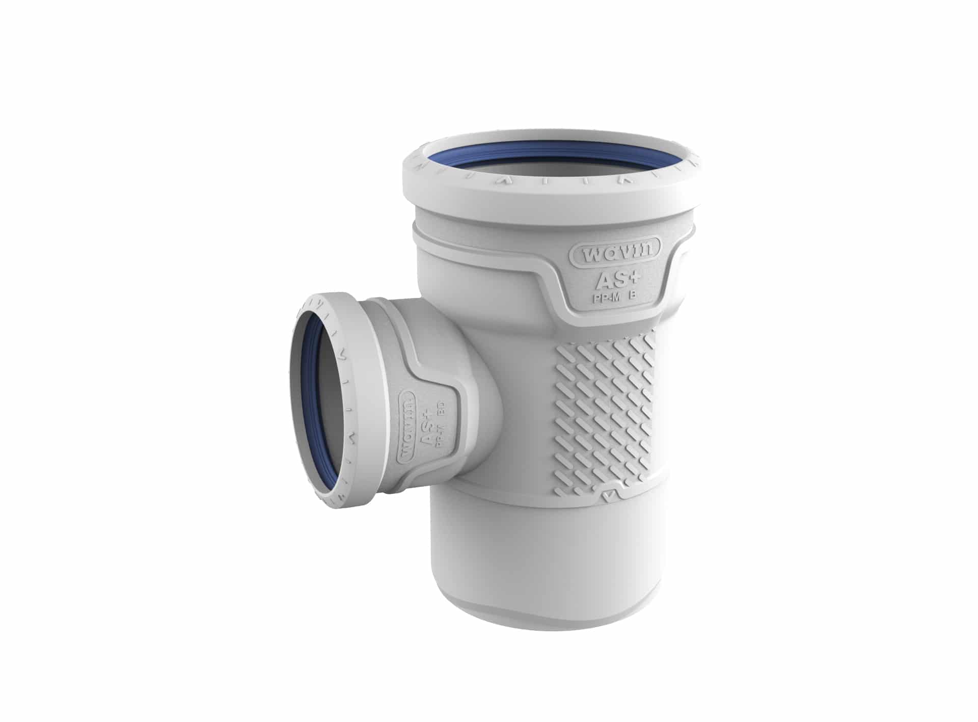 Close-up of a white plastic pipe fitting with a blue gasket inside, showing a textured body and a side outlet.