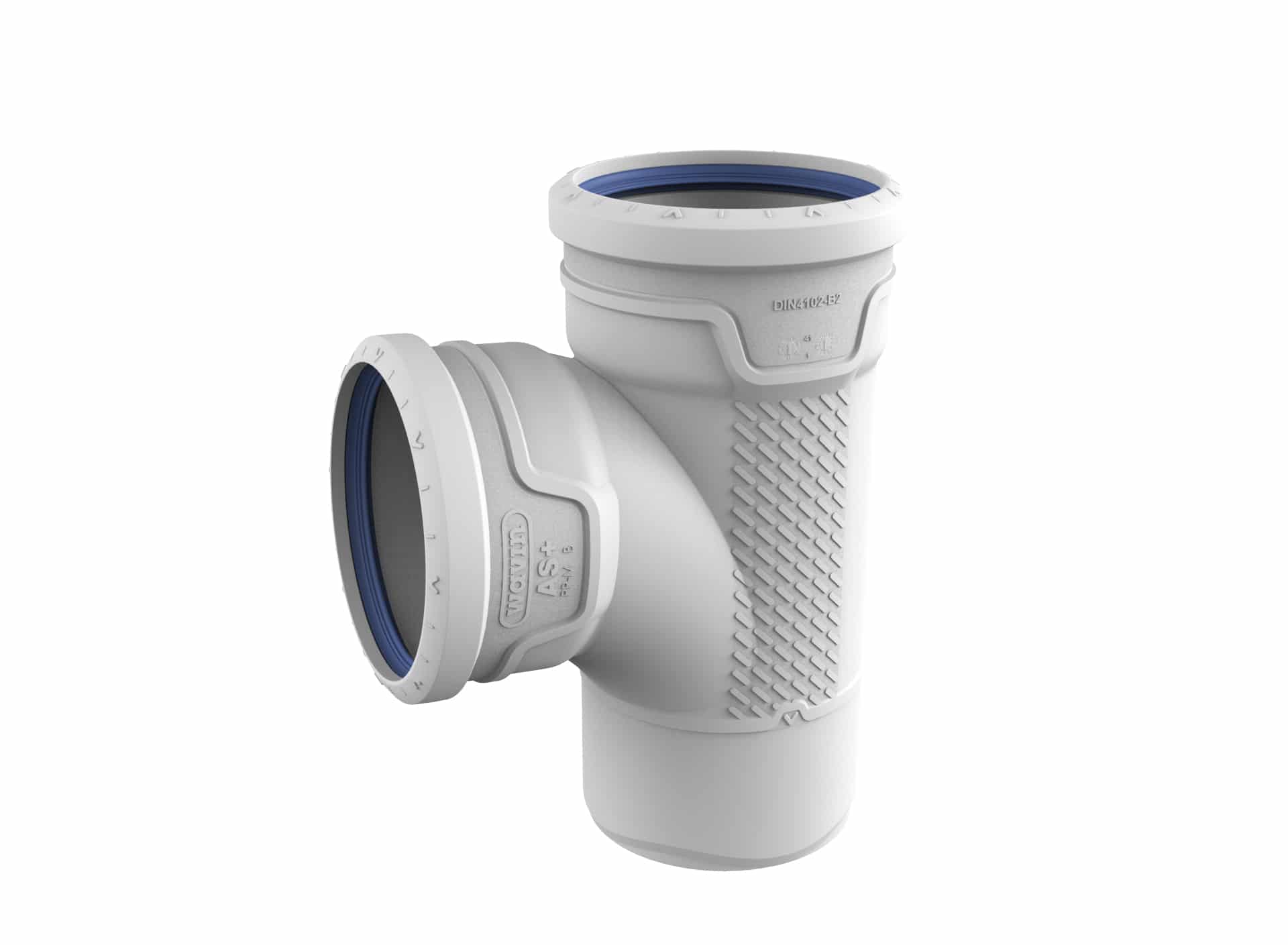 White plastic elbow pipe fitting with a blue gasket inside for a watertight connection.