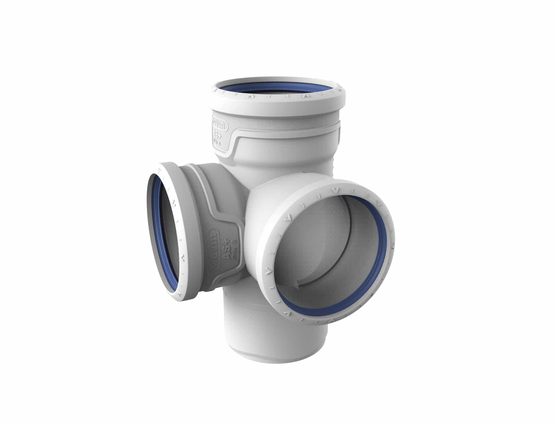 White plastic three-way pipe fitting (T-shaped) with blue gasket rings on the ends for joining pipes in plumbing.