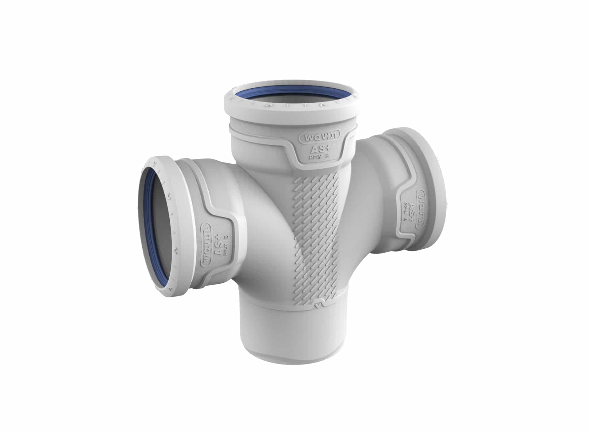 White plastic T-shaped pipe fitting with blue gasket seals on the ends, used to join PVC pipes.