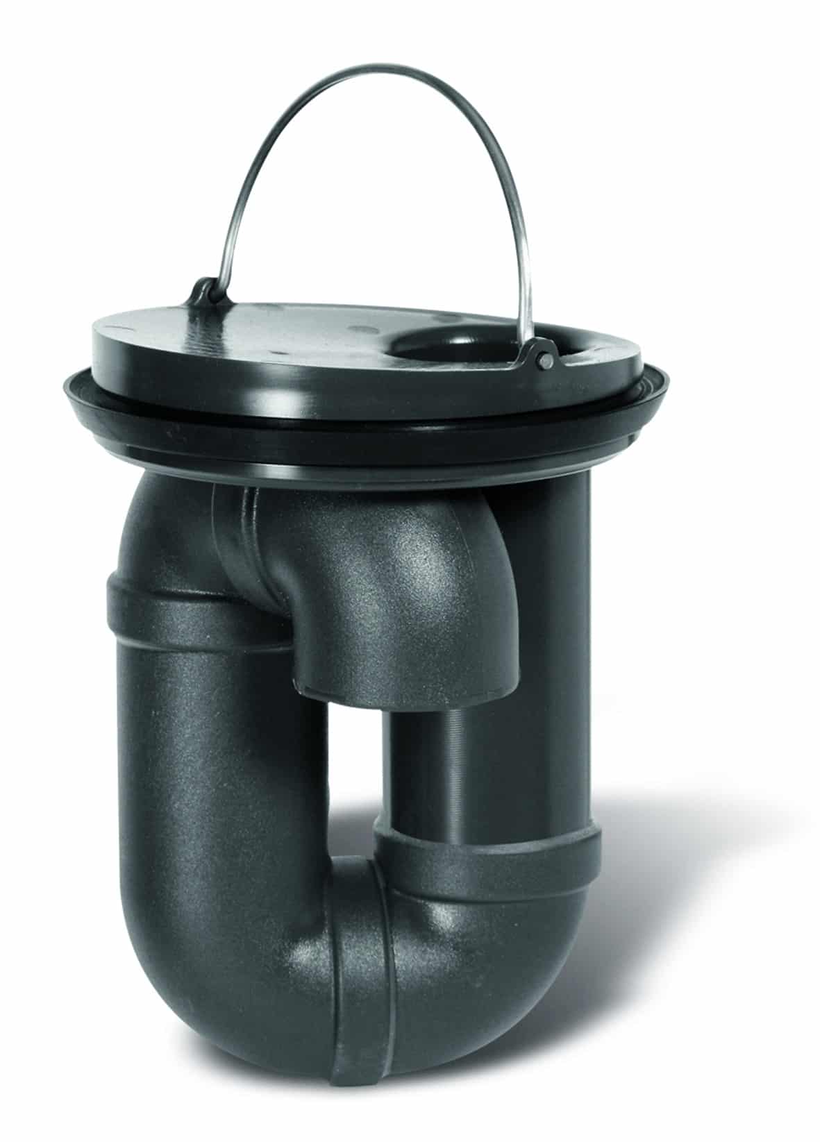 P‑trap plumbing assembly with a circular cleanout cap and metal lifting handle on top, in black plastic/ PVC material.
