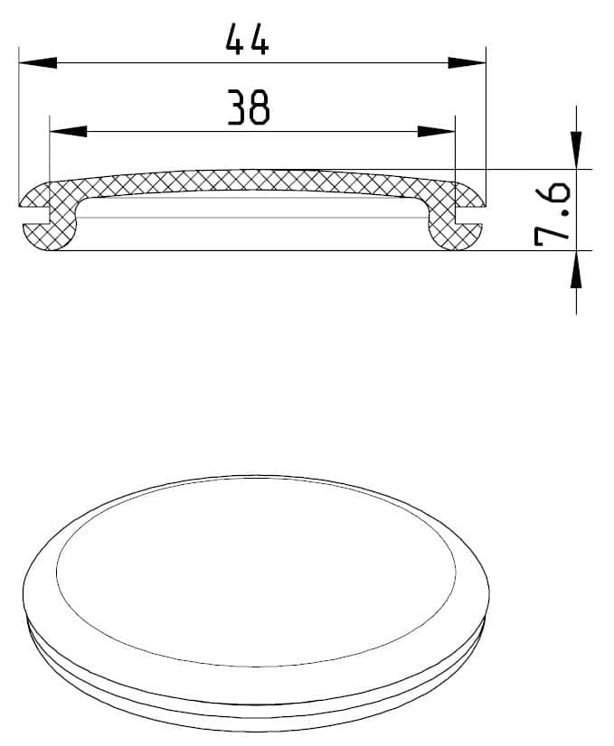 Cross-section of a round lid with a double-seal lip: overall length 44 mm, inner opening 38 mm, height 7.6 mm, showing snap-fit ends and gasket cavity; perspective view of the lid below supports the shape.