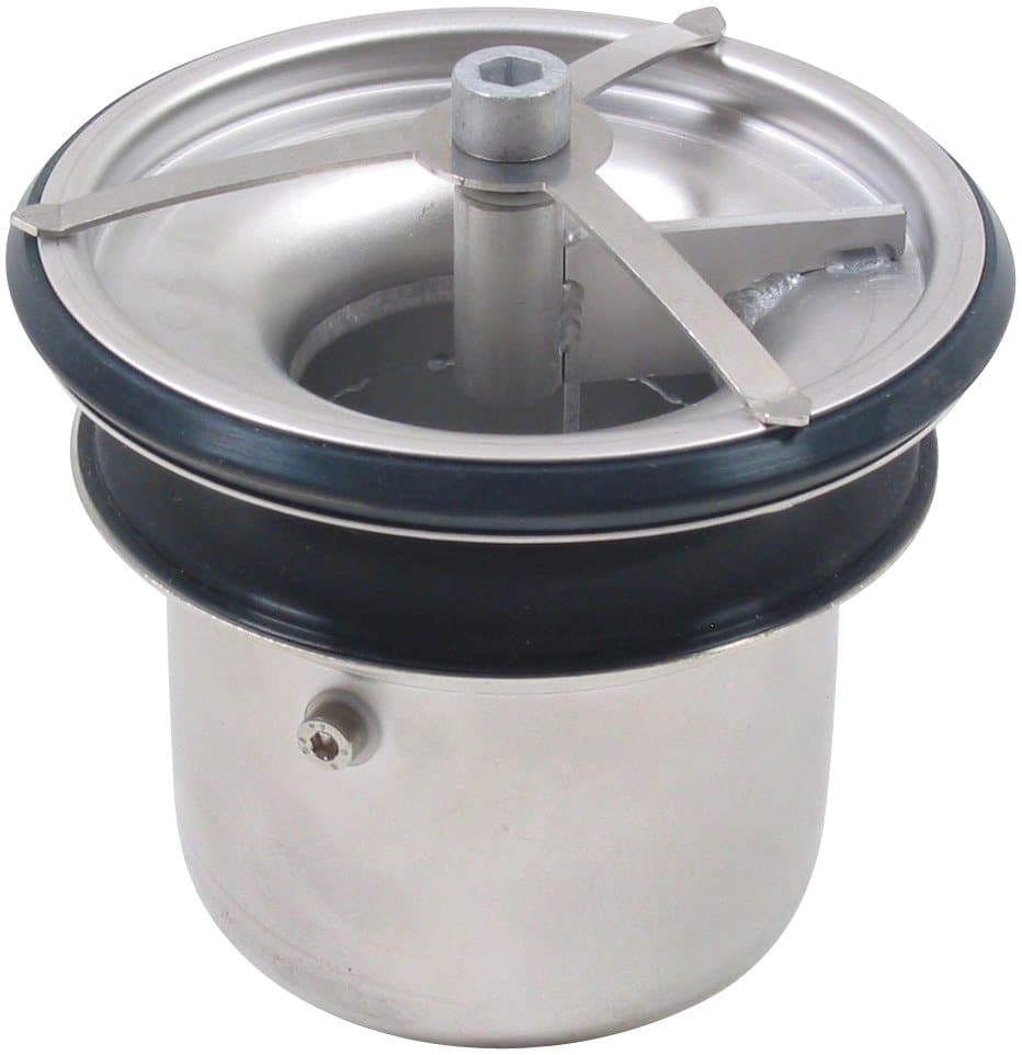 Stainless steel manual press component with a central shaft and three flat arms forming a cross, mounted on a cylindrical base.