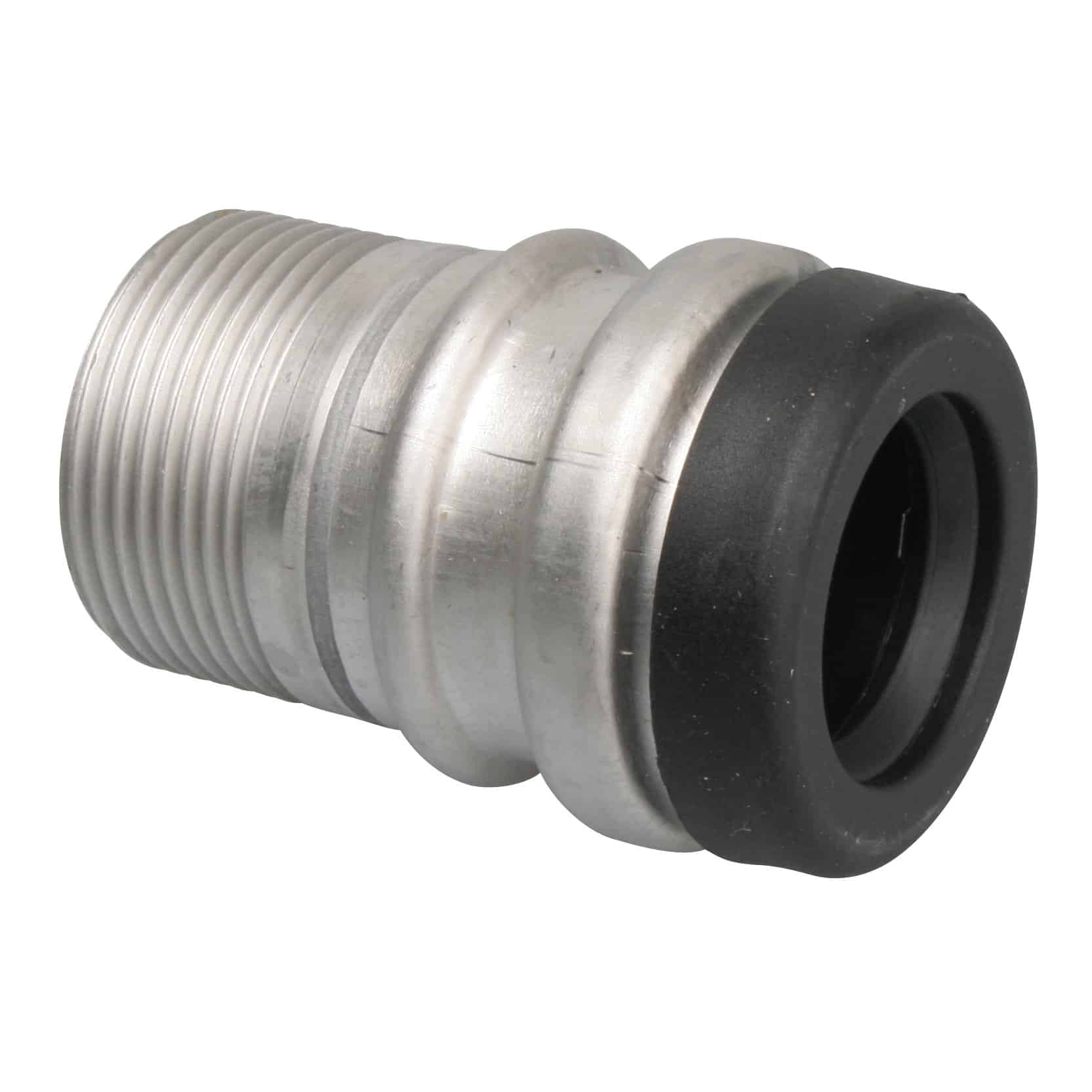 Metal threaded hose fitting with a black rubber seal on one end (close-up)