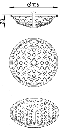 Three-view drawing of a circular drain strainer with perforations; diameter 106 mm, height 28 mm, shown from top, side, and bottom perspectives.