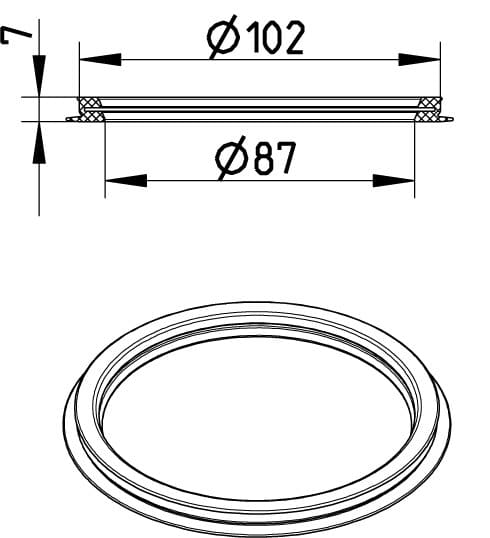Ring-shaped gasket with outer diameter Ø102 mm, inner hole Ø87 mm, and 7 mm thickness; shown in a side cross-section with a 3D isometric view.