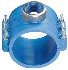 Blue PVC pipe coupling with flanged ends and bolted sides, used to join pipes securely.