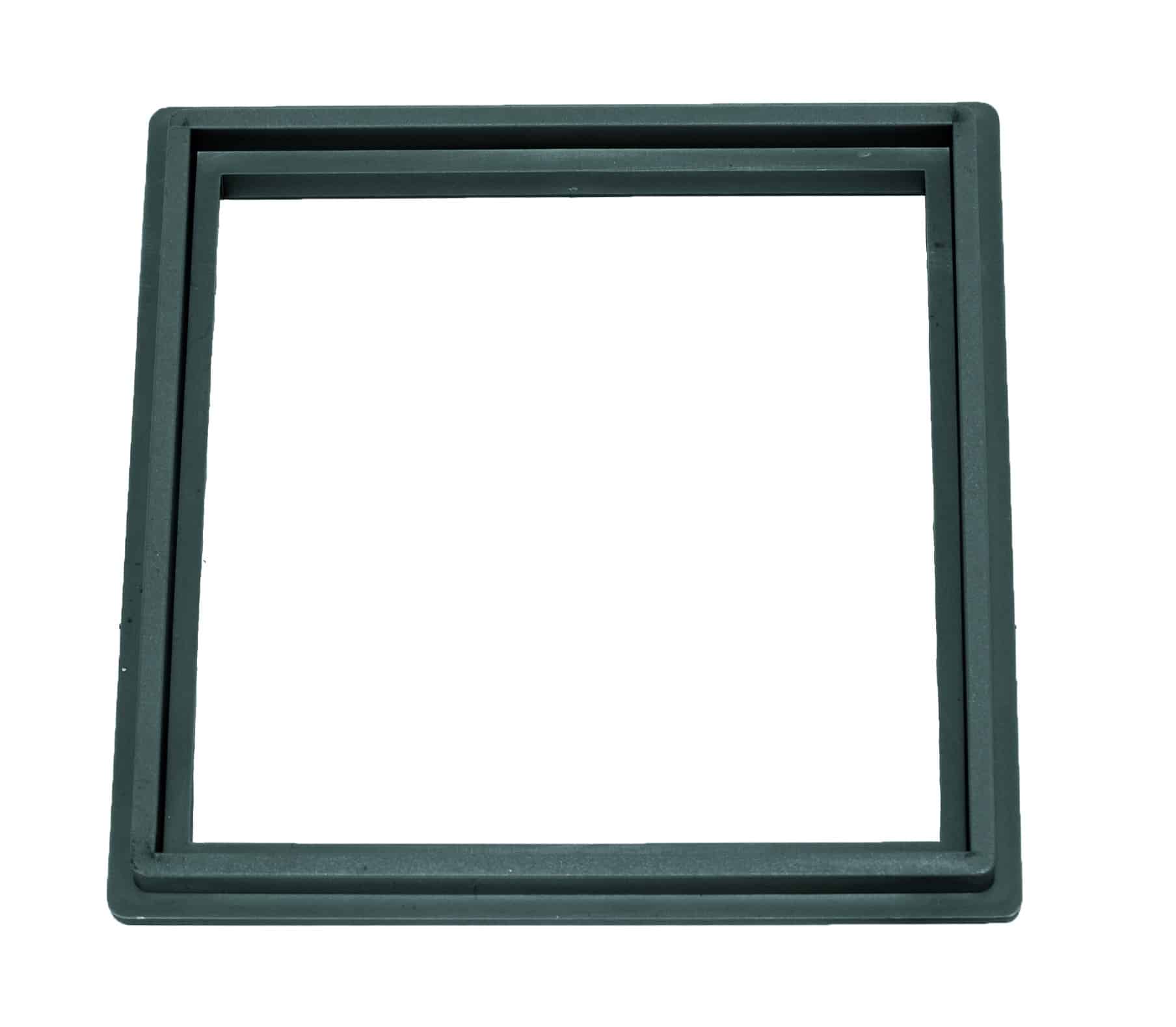 Green metal square frame with a hollow center, photographed from the front.