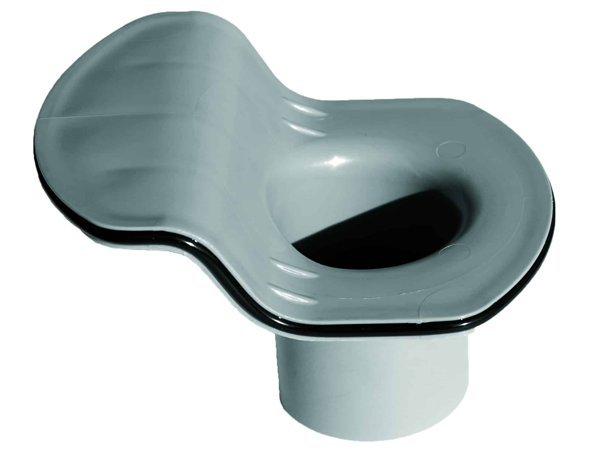 Close-up of a curved, light-gray plastic component with a circular opening, mounted on a white stand or pedestal.