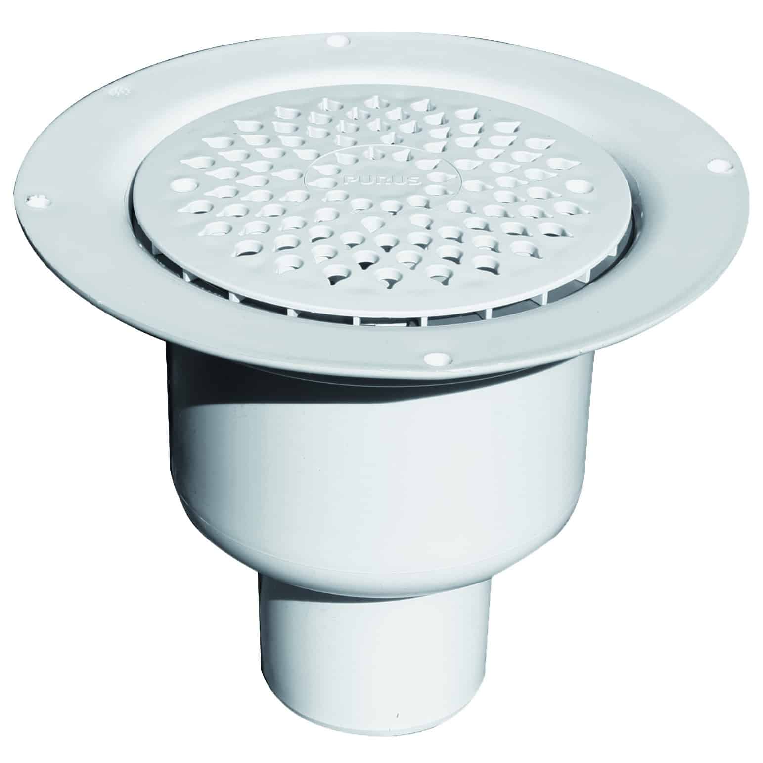 Round floor drain with a perforated circular grate and surrounding flange