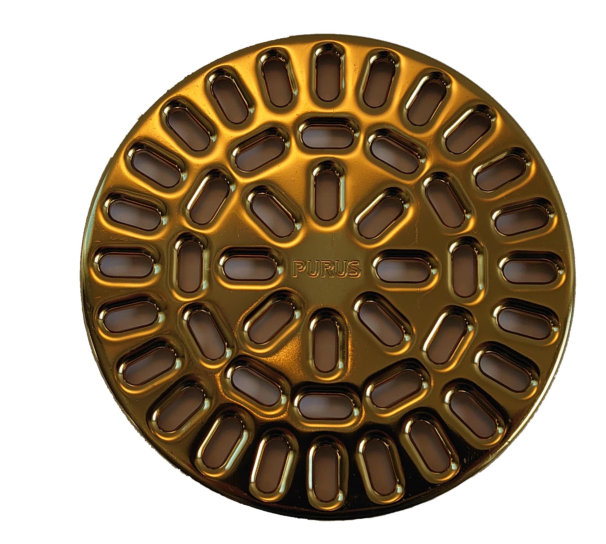 Close-up of a gold metallic circular plate with evenly spaced oval vents radiating from the center.