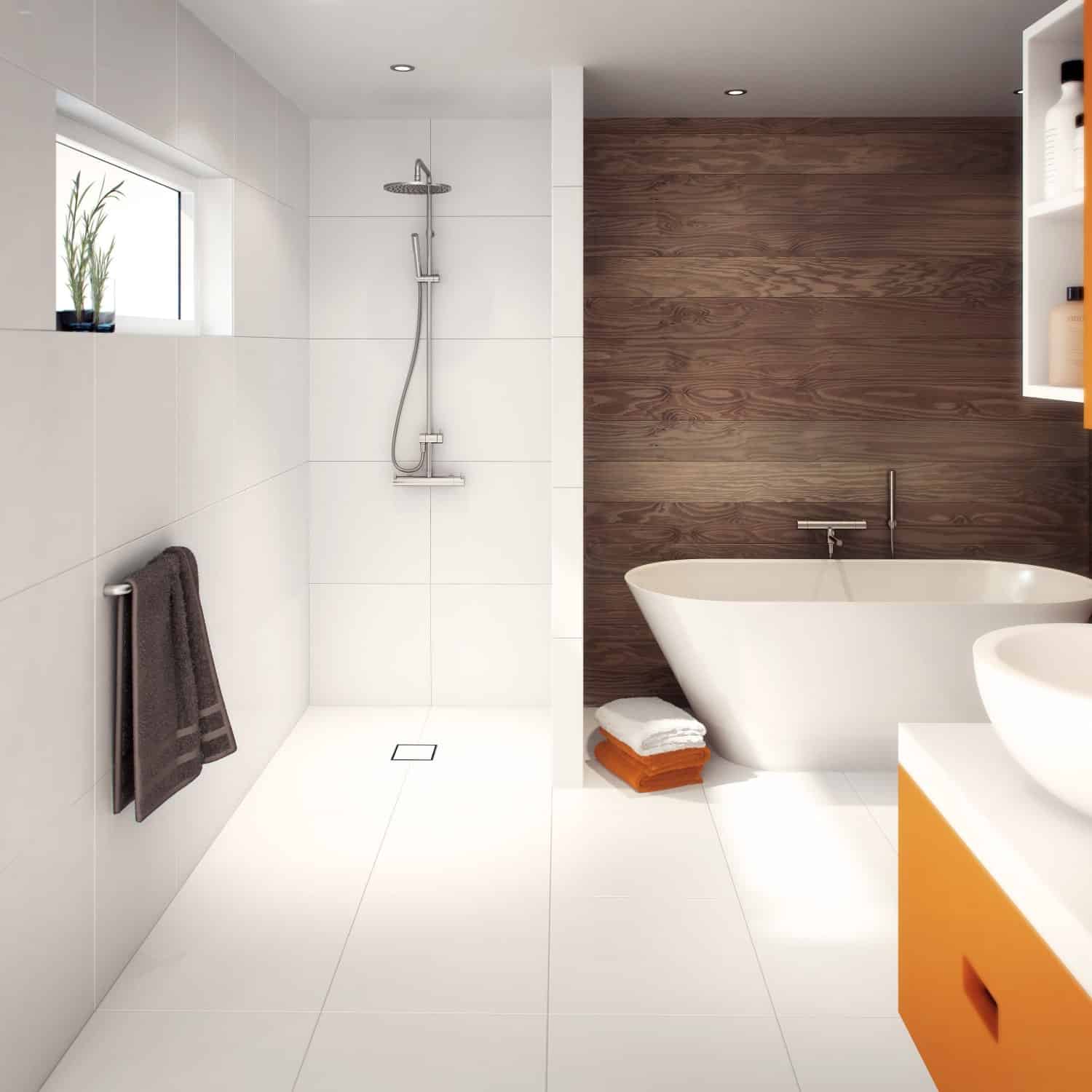 Bright, minimal bathroom with a white-tiled walk-in shower, chrome fixtures, and a freestanding tub against a wood paneled wall