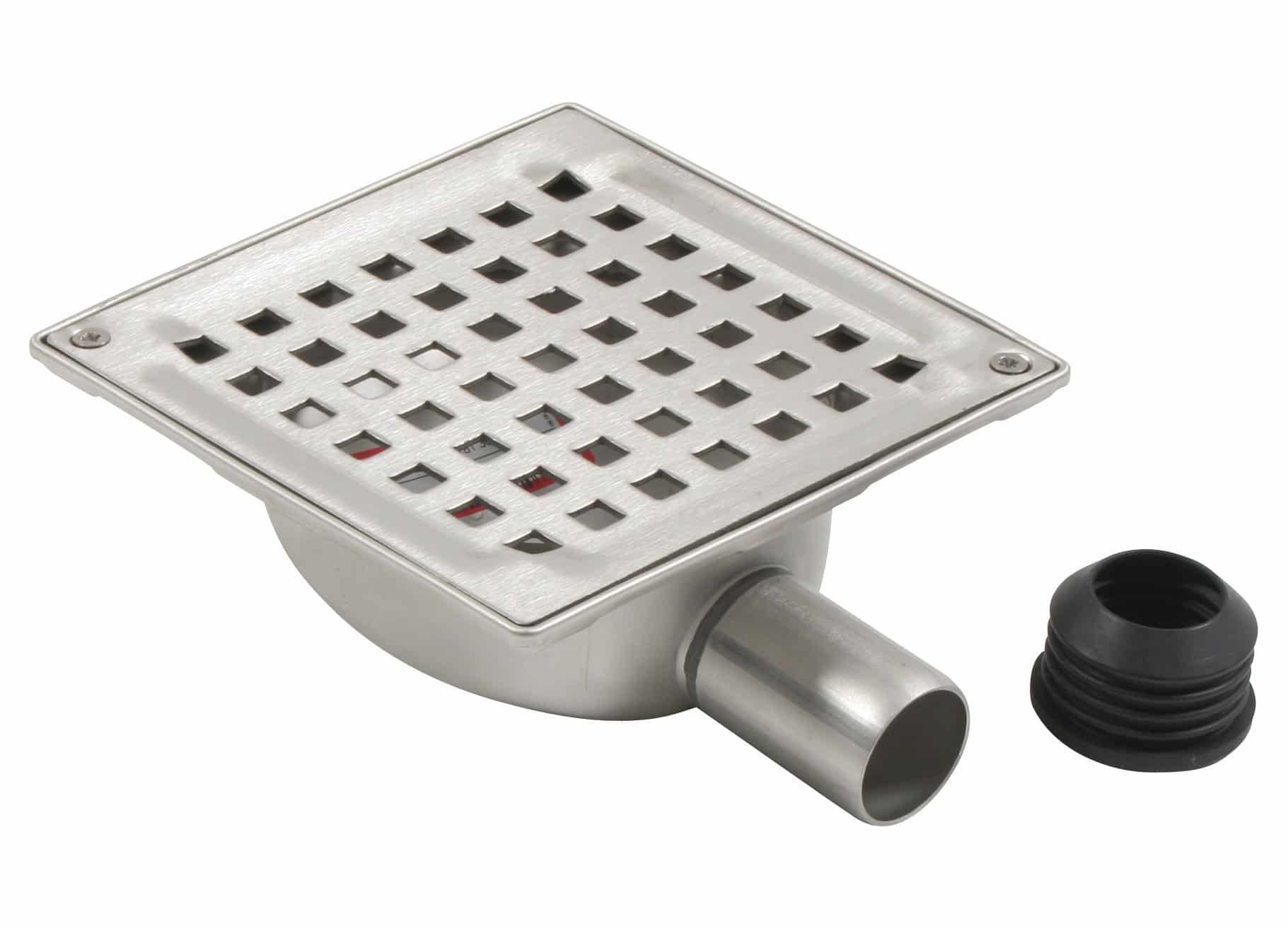Square metal floor drain grate with multiple square holes, attached to a pipe and a black rubber grommet nearby