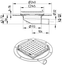 Technical drawing of a circular floor drain with a perforated square grate and a side outlet pipe; dimensions show outer diameter 240 mm and inner opening 145 mm, with overall height/distance details included.