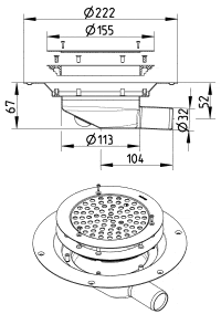 Technical drawing of a floor drain assembly: removable perforated strainer, body, and outlet with dimension annotations (Ø222, Ø155, Ø113).