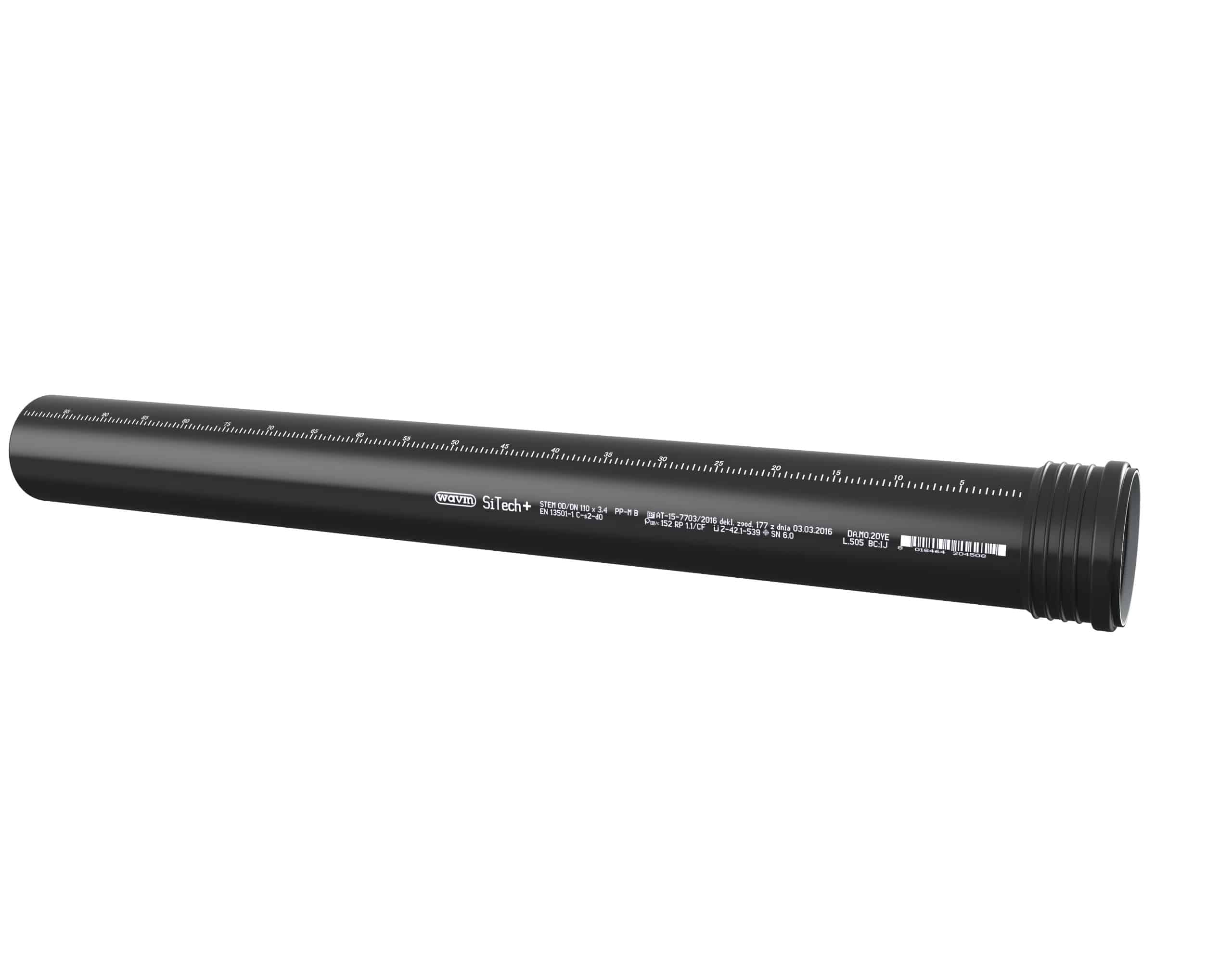Black cylindrical measuring tool with white numeric scale along its length, photographed diagonally on white background.