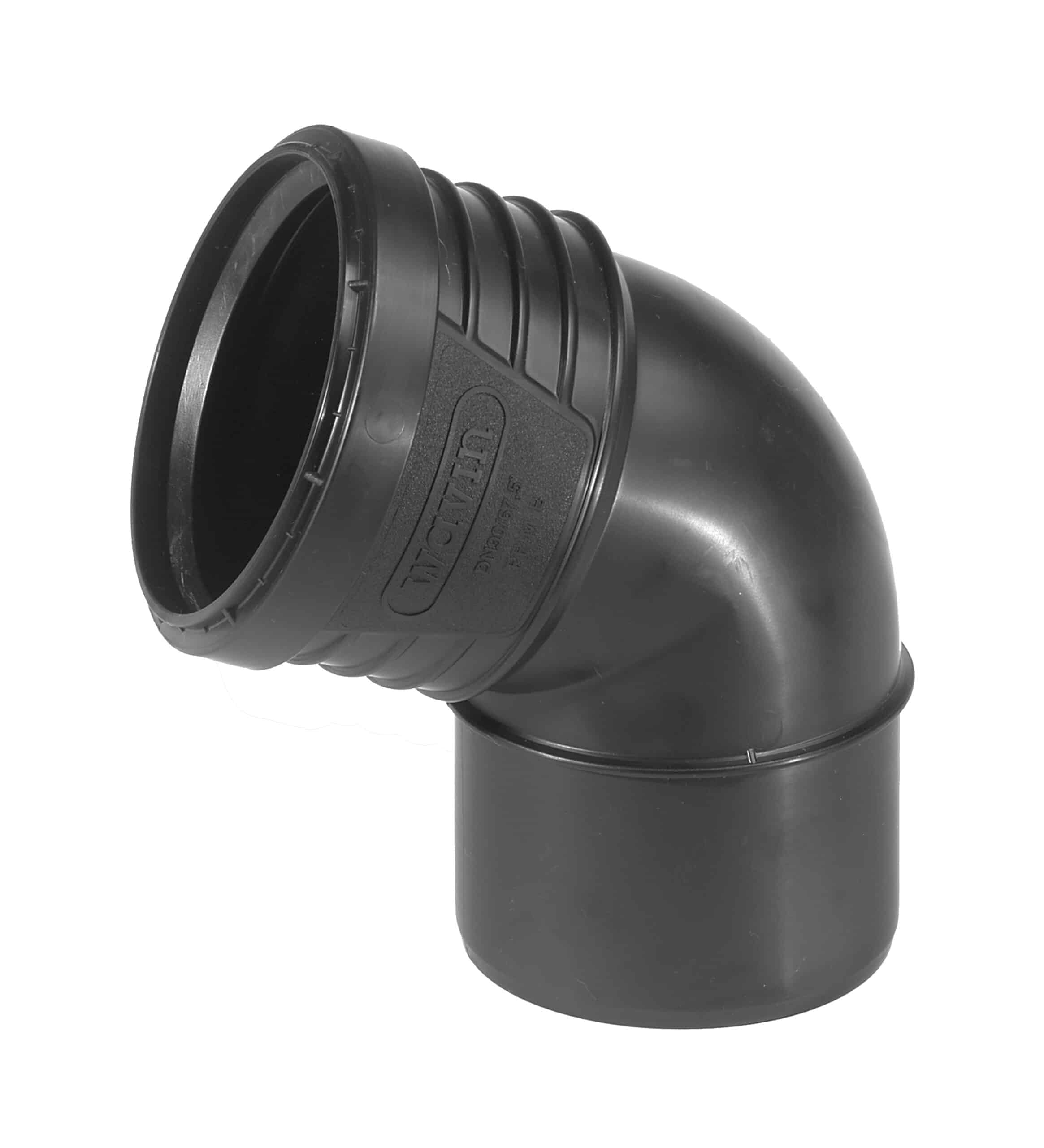 Close-up of a black PVC pipe elbow fitting with a ribbed flexible section and smooth socket ends used in plumbing