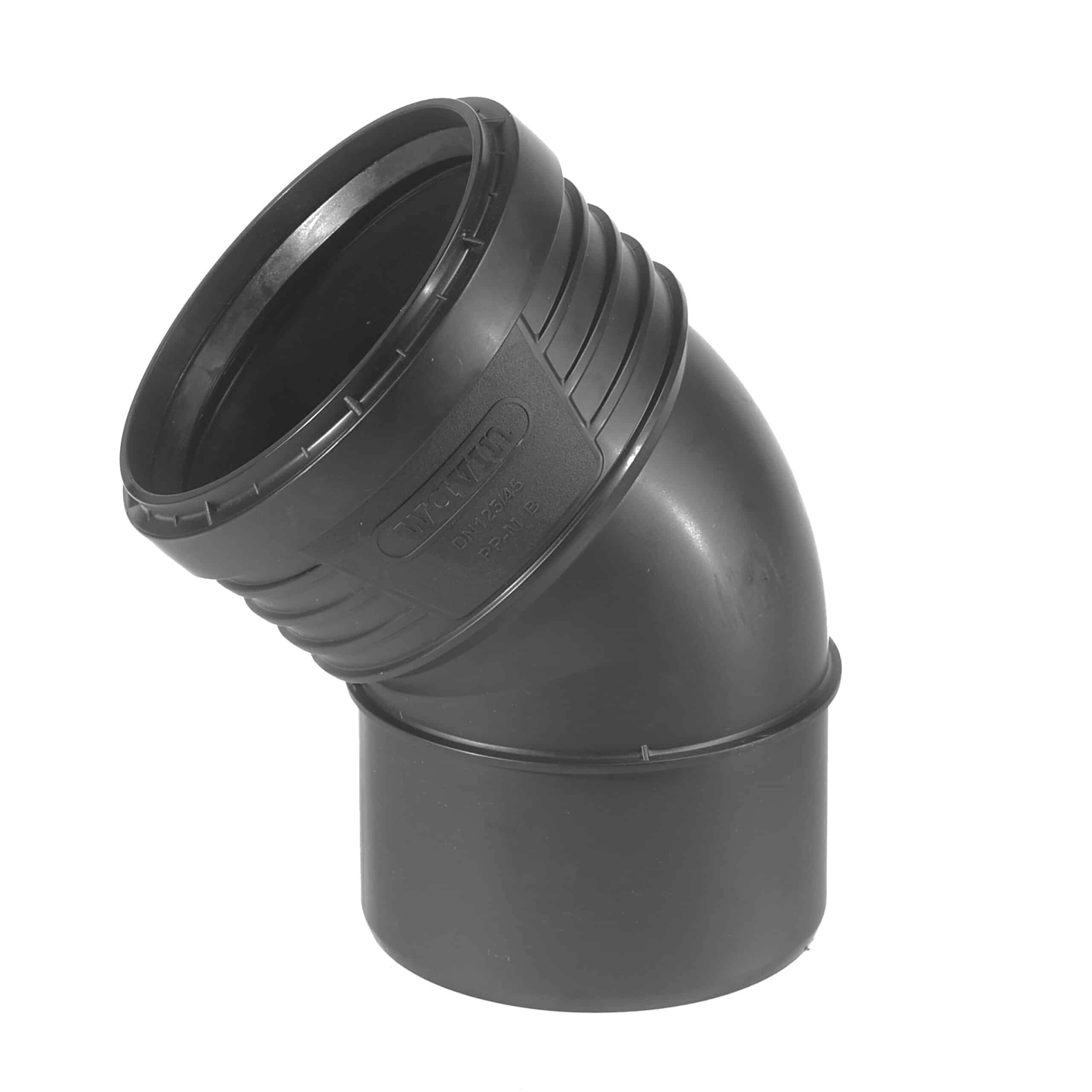 Close-up of a black plastic curved connector with ridged outer surface and inner threading exterior visible.