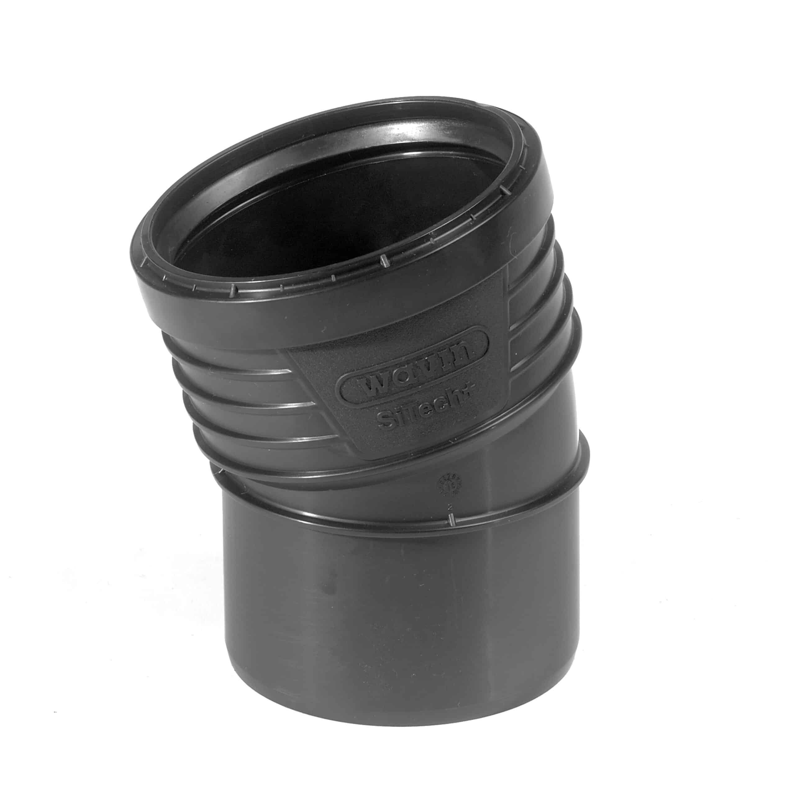 Close-up of a black cylindrical camera lens component with ridged grip rings and a circular opening at the top, photographed from the side.