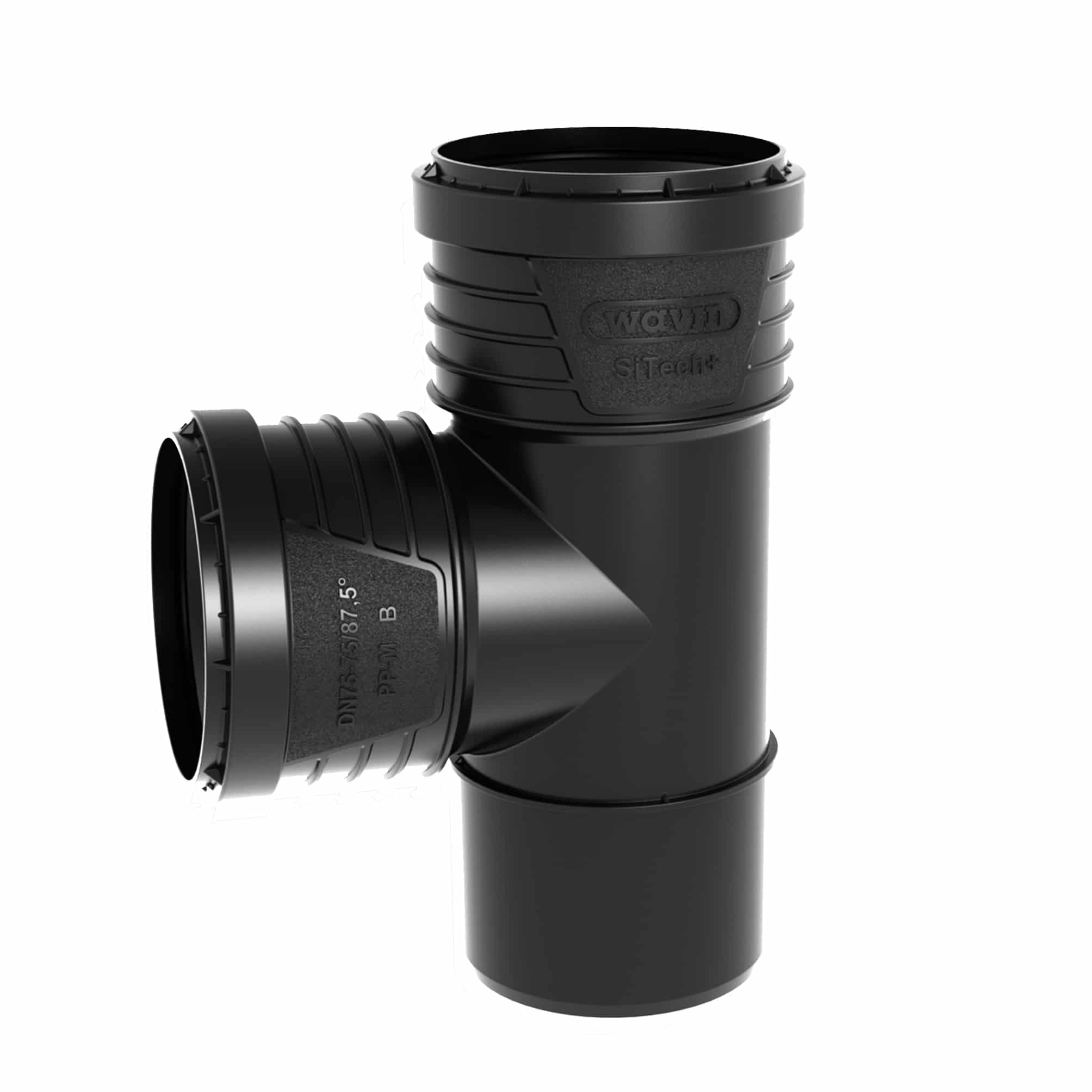 Close-up of a black camera lens barrel with textured grip and metal rings visible at the top and bottom edge.