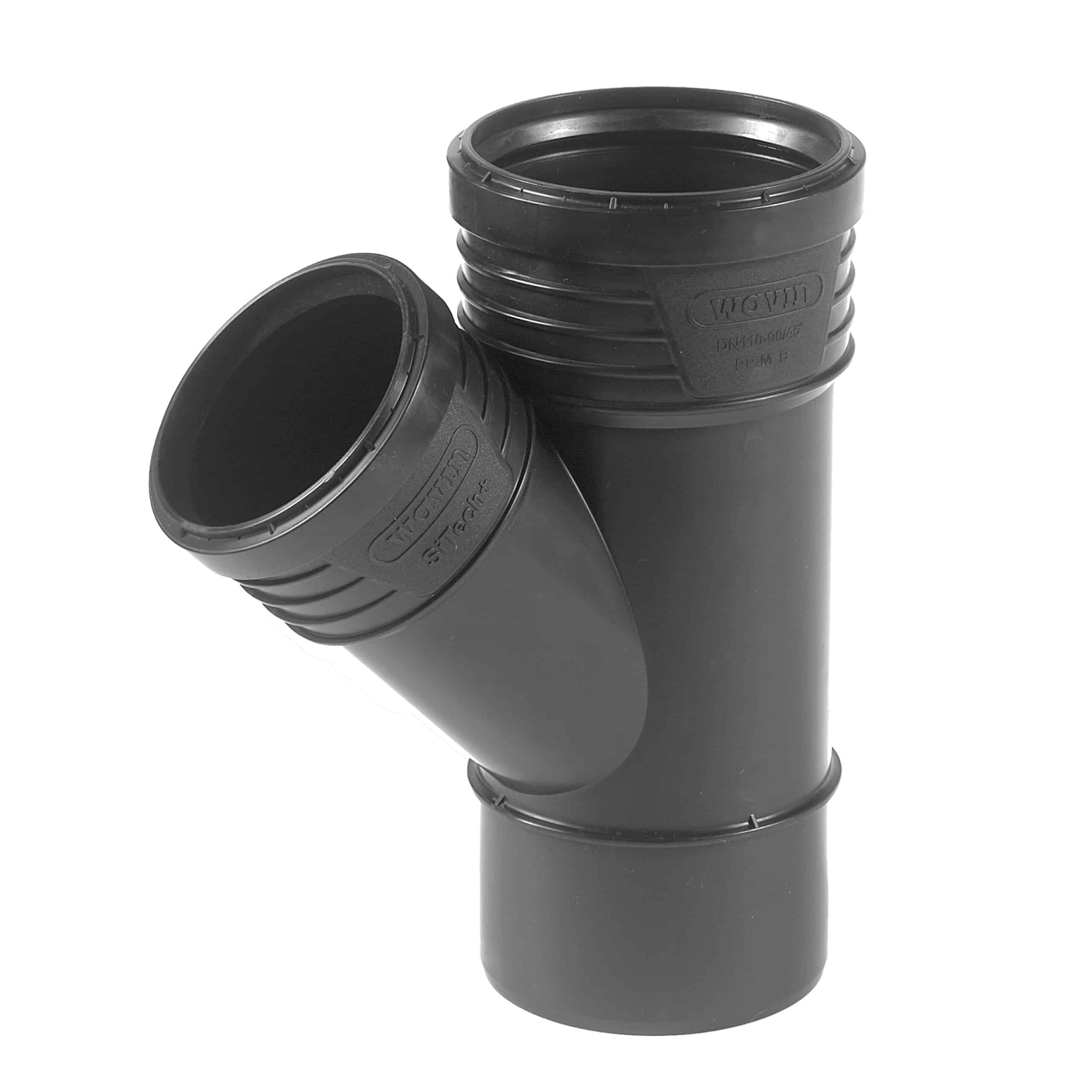 Close-up of a black plastic pipe elbow fitting with ribbed joints and grooves for connection