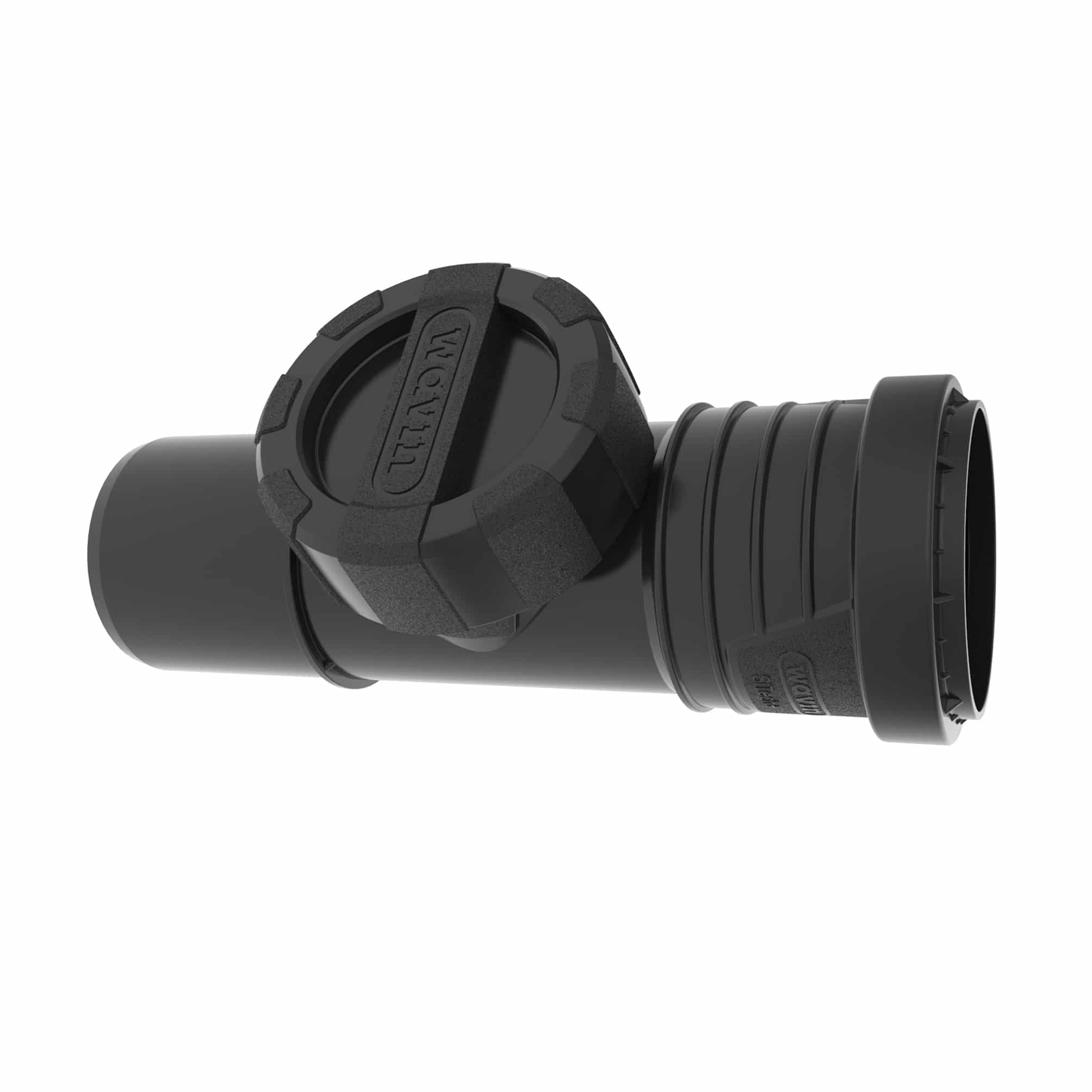 Close-up of a black camera lens or optical housing with a textured grip and ribbed zoom ring in outer view