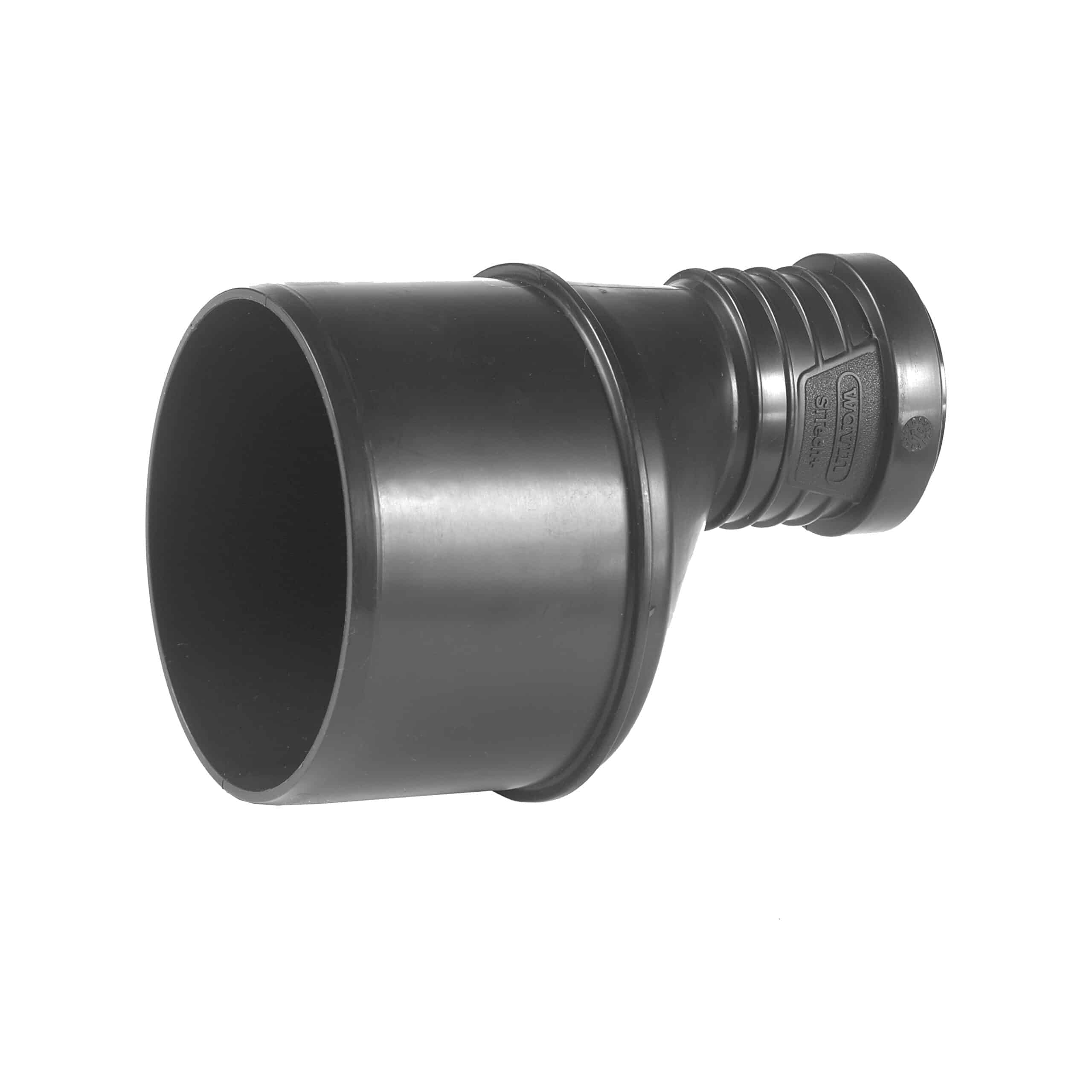 Close-up of a black camera lens showing the barrel, focus rings, and lens hood at the left.
