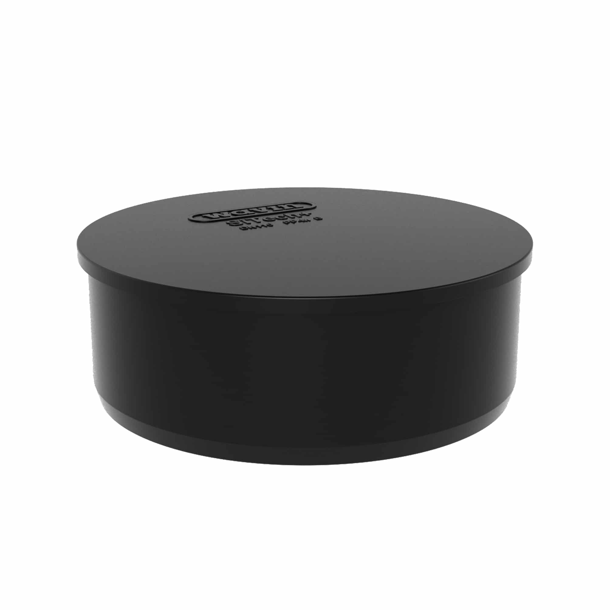Close-up of a matte black cylindrical container lid seen from the side with embossed text on the top surface.