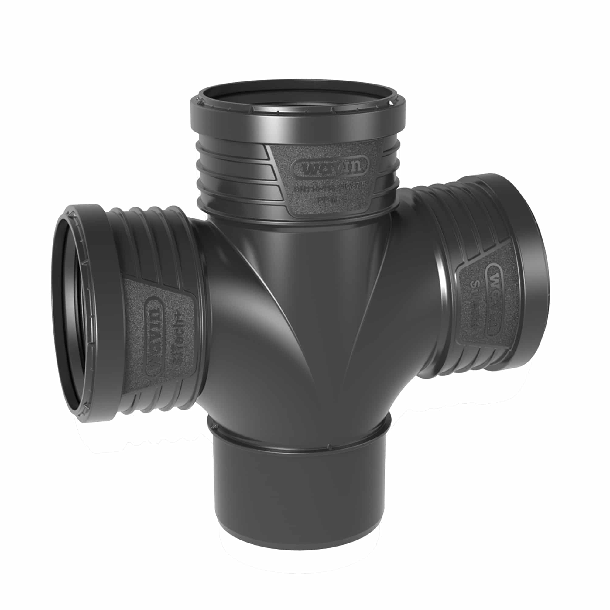 Black plastic three-way pipe fitting with ribbed ends and embossed branding on the center sleeve.