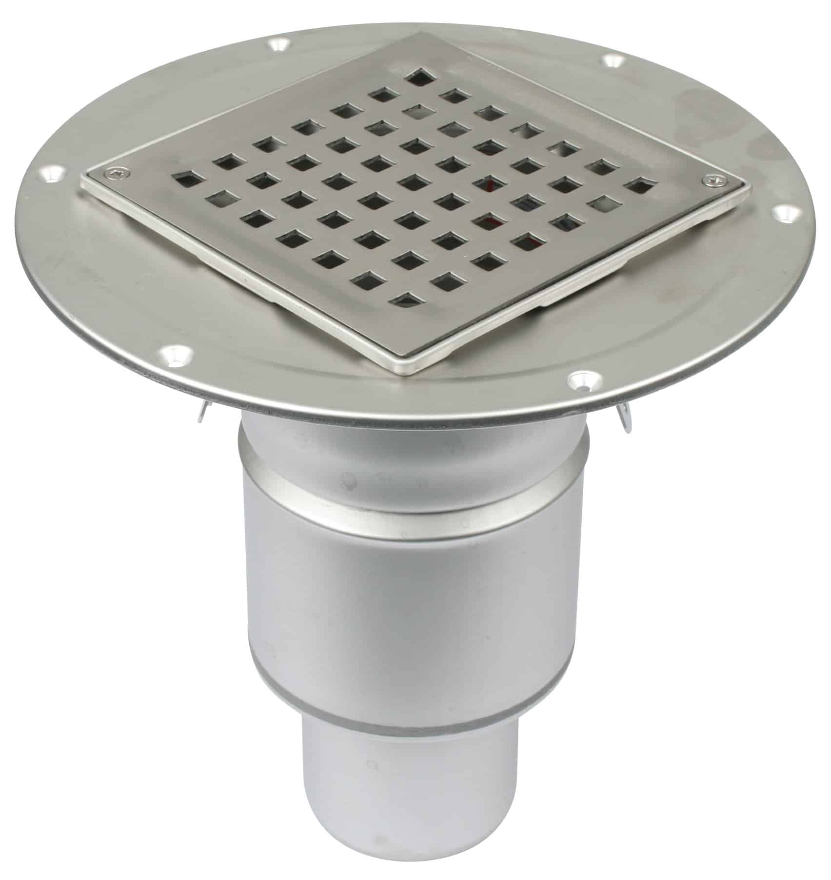 Round stainless steel floor drain with a perforated square grid cover atop a cylindrical base.