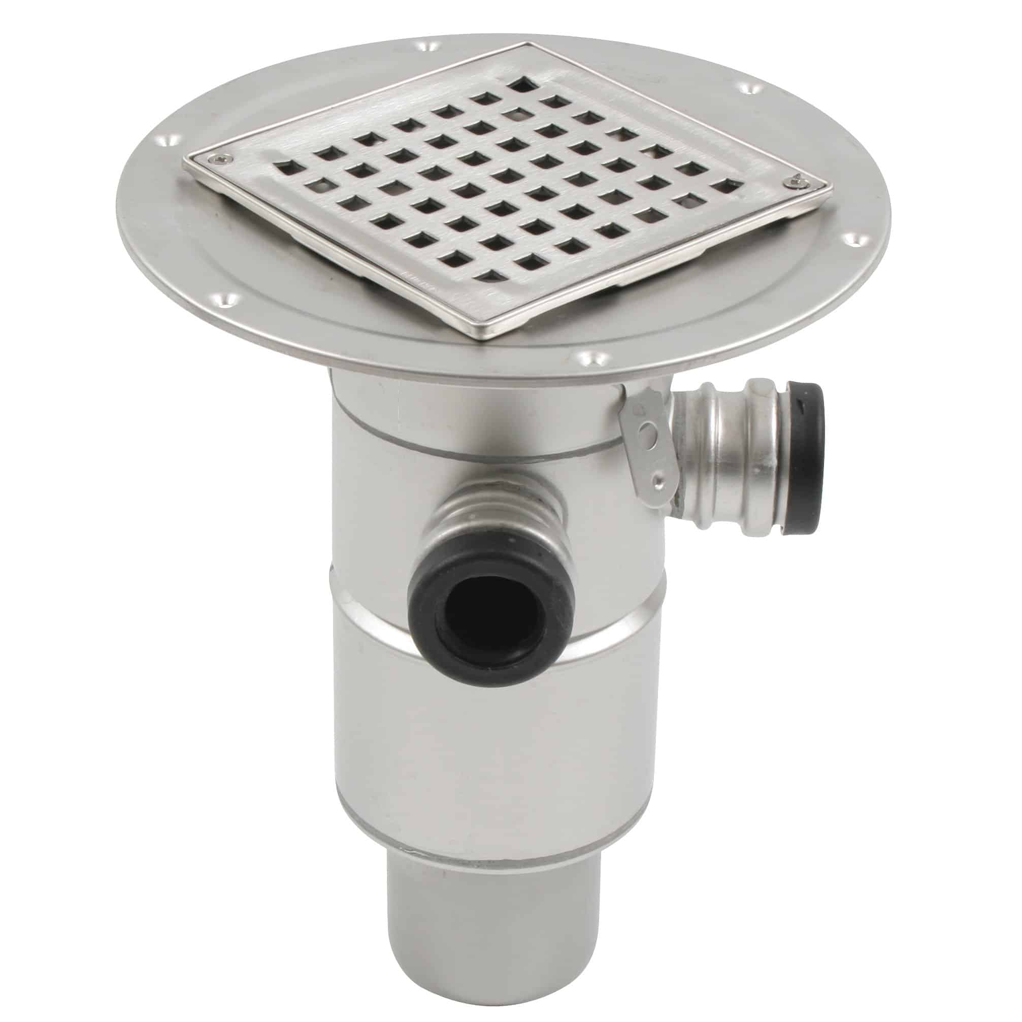 Stainless steel floor drain with a square perforated grate and connected pipes