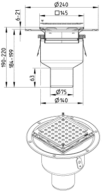 Floor drain with circular outer ring and square perforated grate, shown in side and top views.