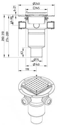 Technical drawing of a floor drain assembly with a round grate, showing top flange, vertical body, and side inlet fittings with multiple dimensions (Ø240, Ø75, Ø140).