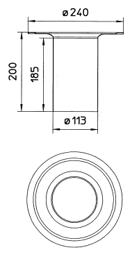 Technical drawing of a round pedestal with a flanged top: top flange diameter 240 mm, overall height 200 mm, stem height 185 mm, stem diameter 113 mm; bottom/top views show concentric circular bases.